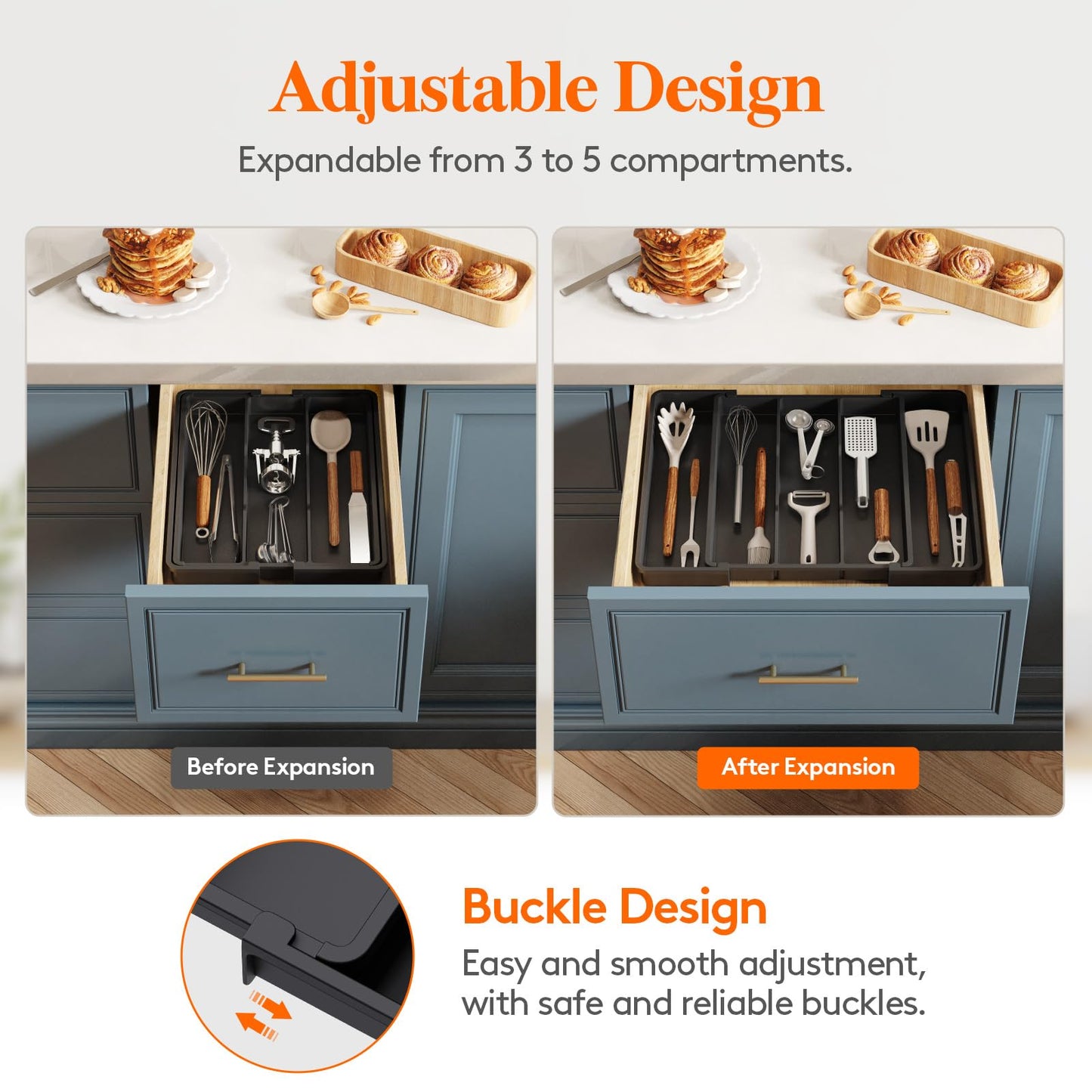 Lifewit Utensil Organizer for Kitchen Drawers, Expandable Cooking Utensil Tray, Adjustable Cutlery