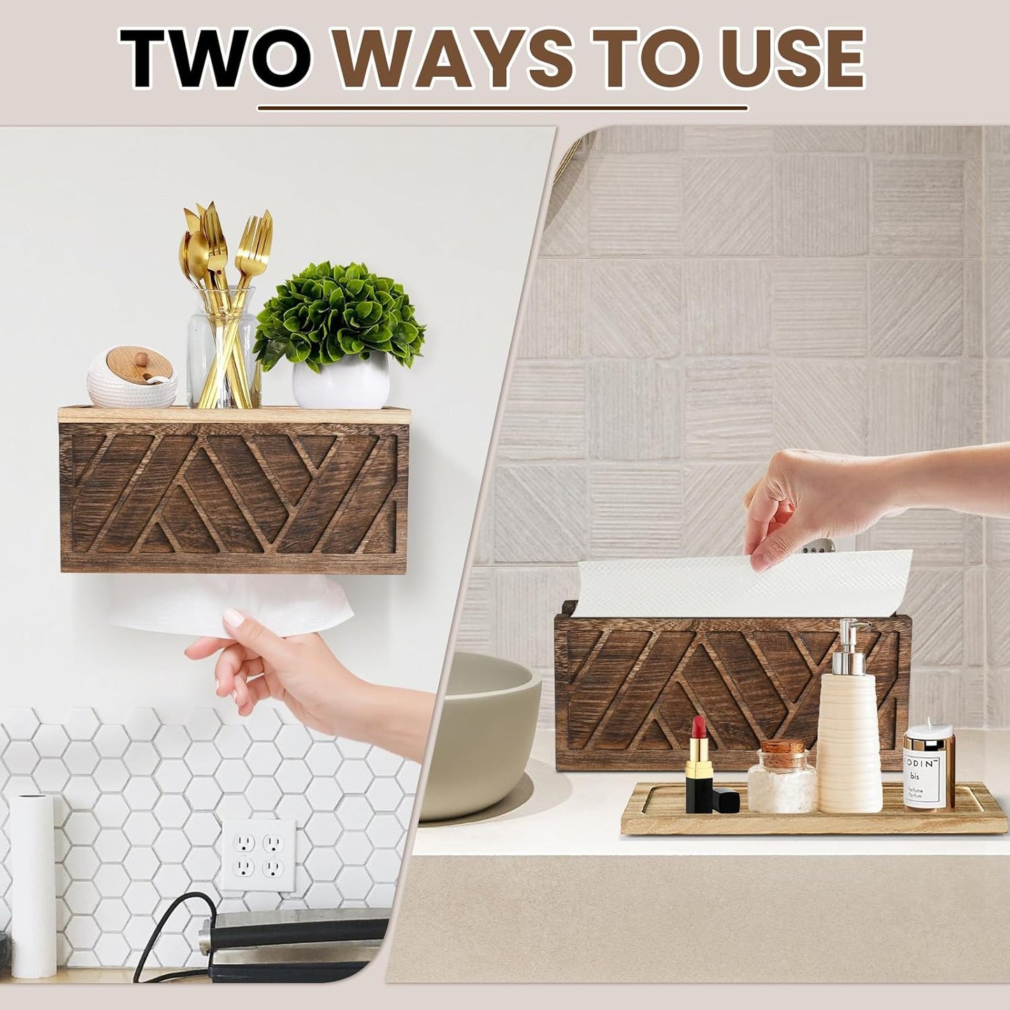 Set of 2 Paper Towel Dispenser Wall Mount, Paper Towel Holder Wall Mounted with Lid, Solid Wood Commercial C-Fold, Z-Fold, Trifold Hand Paper Towel Holder Hand Towel Holder for Bathroom Kitchen Decor