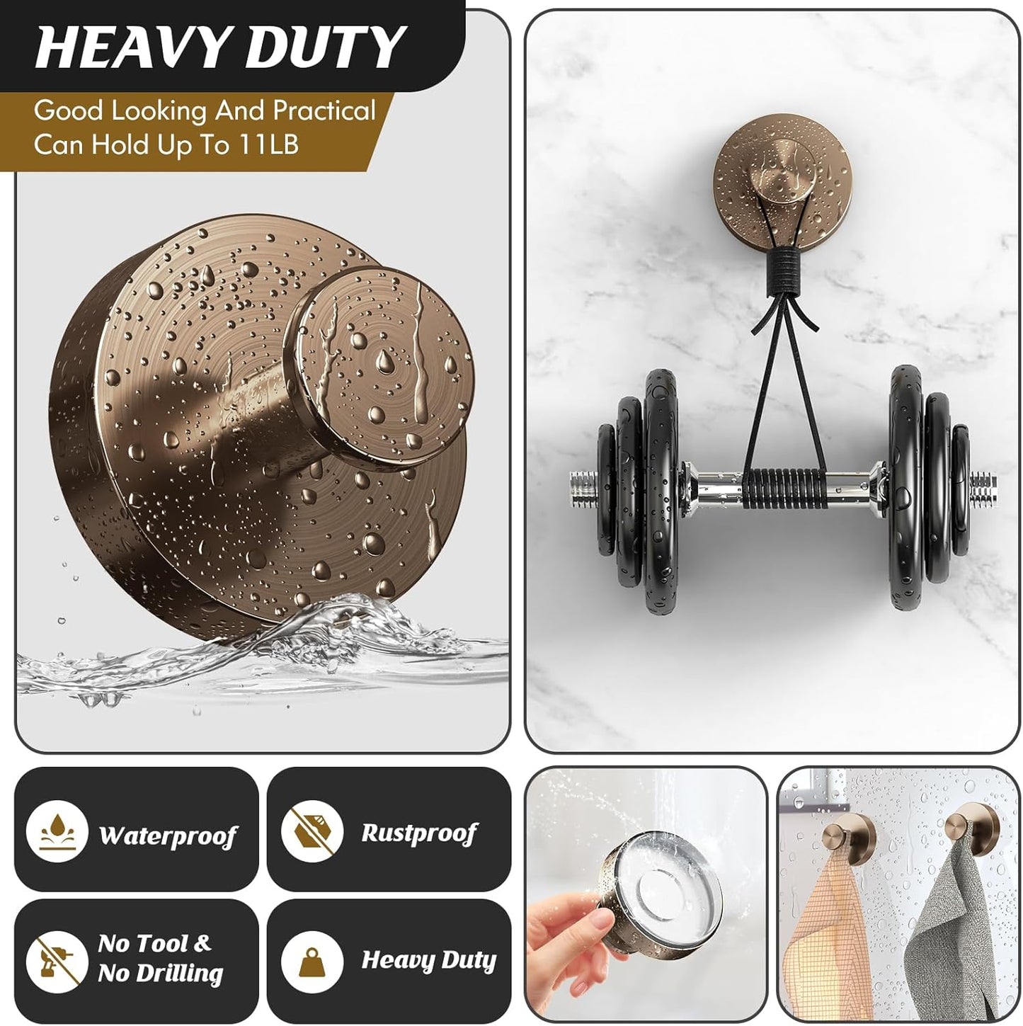 Suction Cup Hooks for Shower,2Pcs Shower Towel Suction Hooks,No Drill Towel Hooks for Bathroom Wall,Kitchen,Glass,Mirror,Tile to Hang Towels,Robes,Loofah-Champagne Bronze