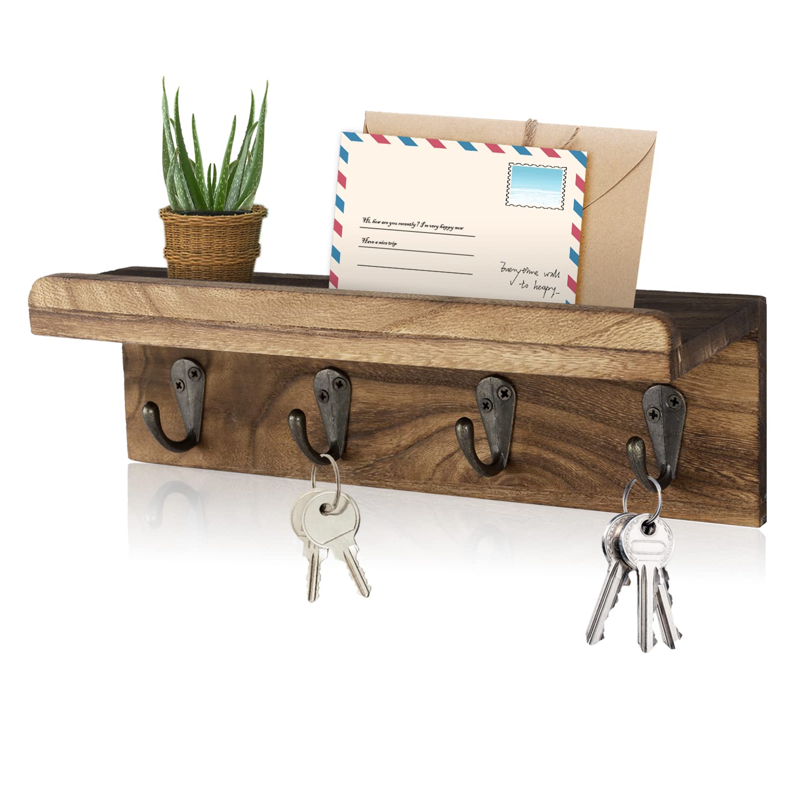 HRONRAD Rustic Key Holder for Wall, Farmhouse Wall Shelf with 4 Hooks, Wall Mounted Key Racks