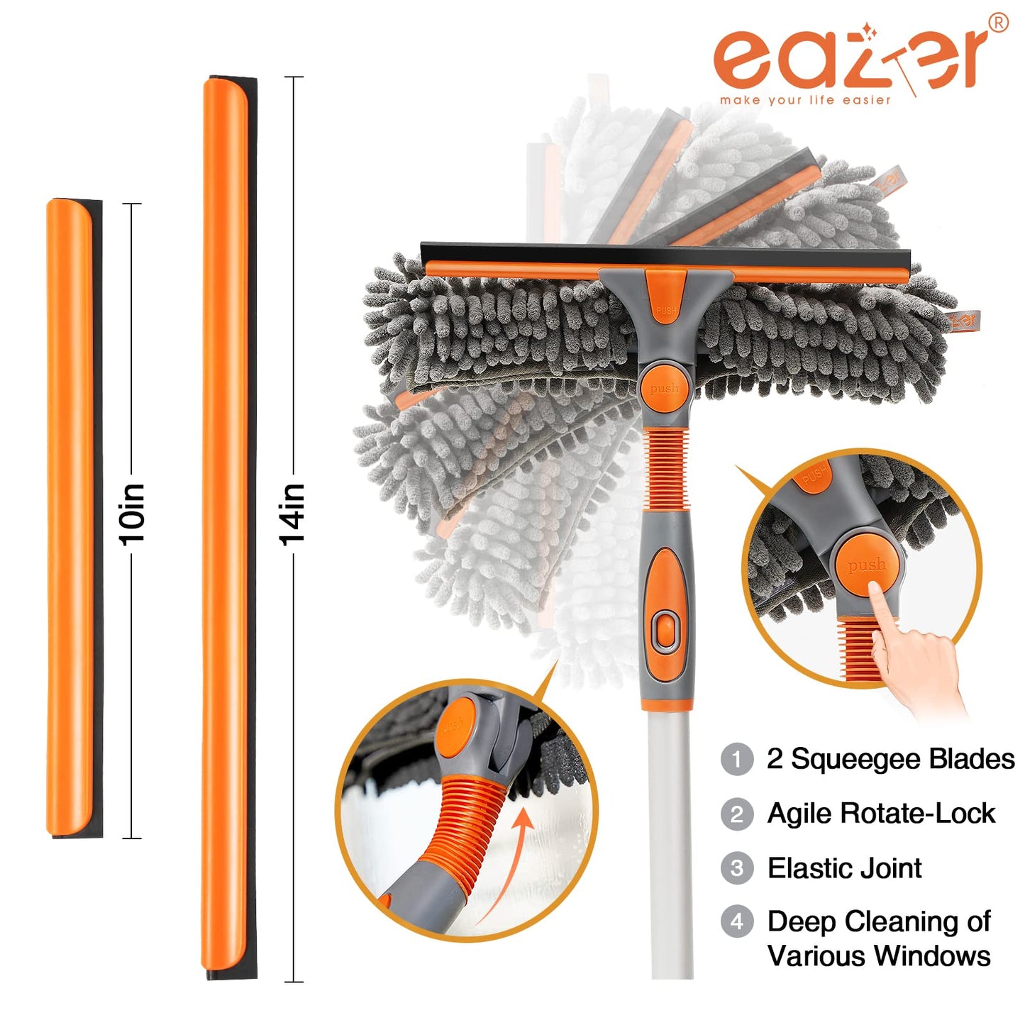 Eazer 89'' Squeegee Window Cleaner 2 in 1 Rotatable Window Cleaning Tool Kit with Extension Pole