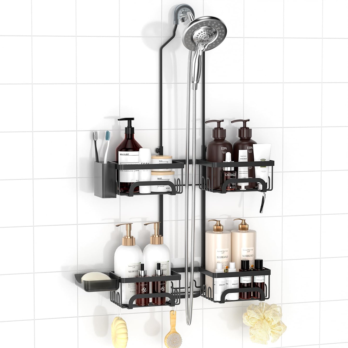 REINHARDT Split Shower Caddy Hanging for Handheld Showerheads, Black