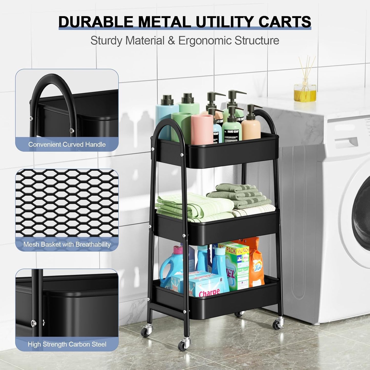 EAGMAK 3 Tier Utility Rolling Cart, Metal Storage Cart with Handle and Lockable Wheels, Multifunctional Storage Organizer Trolley with Mesh Baskets for Kitchen, Living Room, Office, Garage (Black)