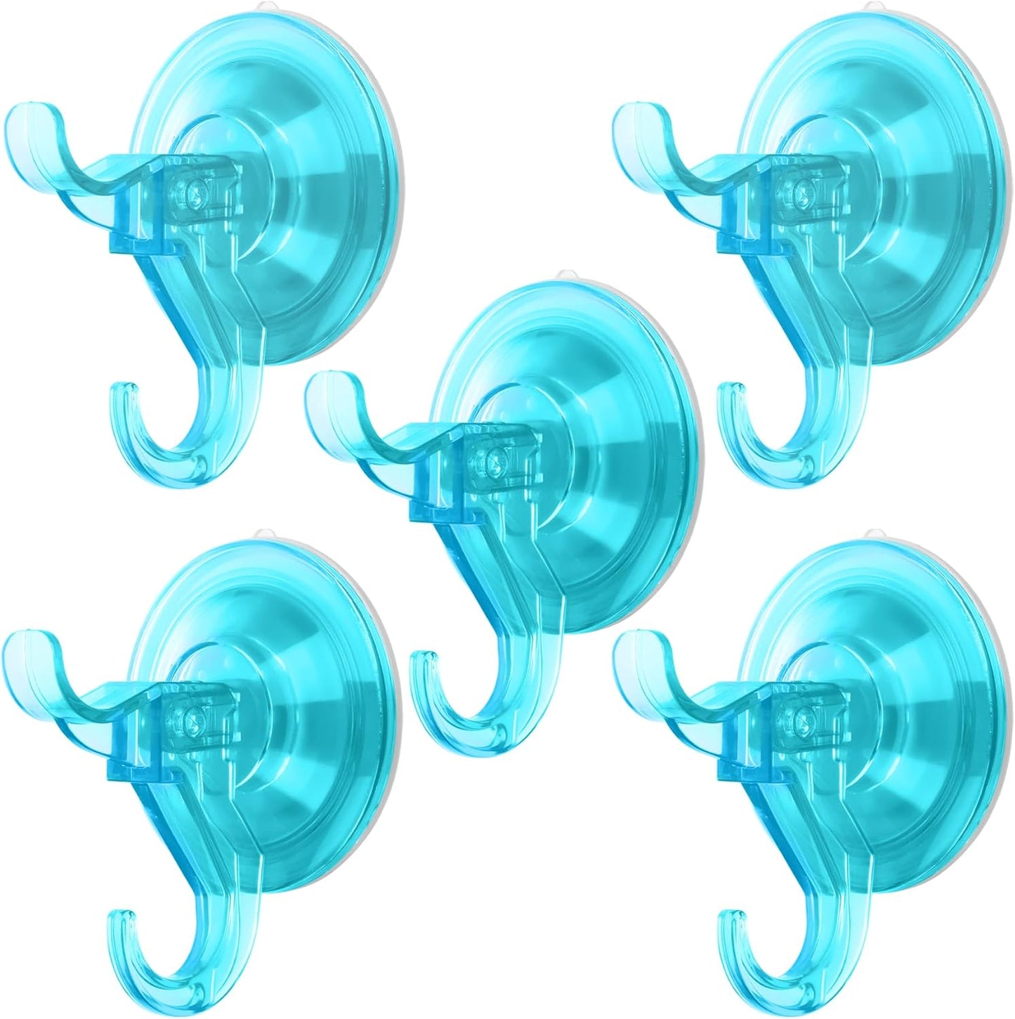 Antimbee Suction Cup Hooks, 5 Pack Shower Wall Suction Cup Hangers, Heavy Duty Vacuum Suction Cups, Reusable Bathroom Suction Hooks for Window, Tile Wall, Glass Door-2 Hooks Design(Transparent Cyan)