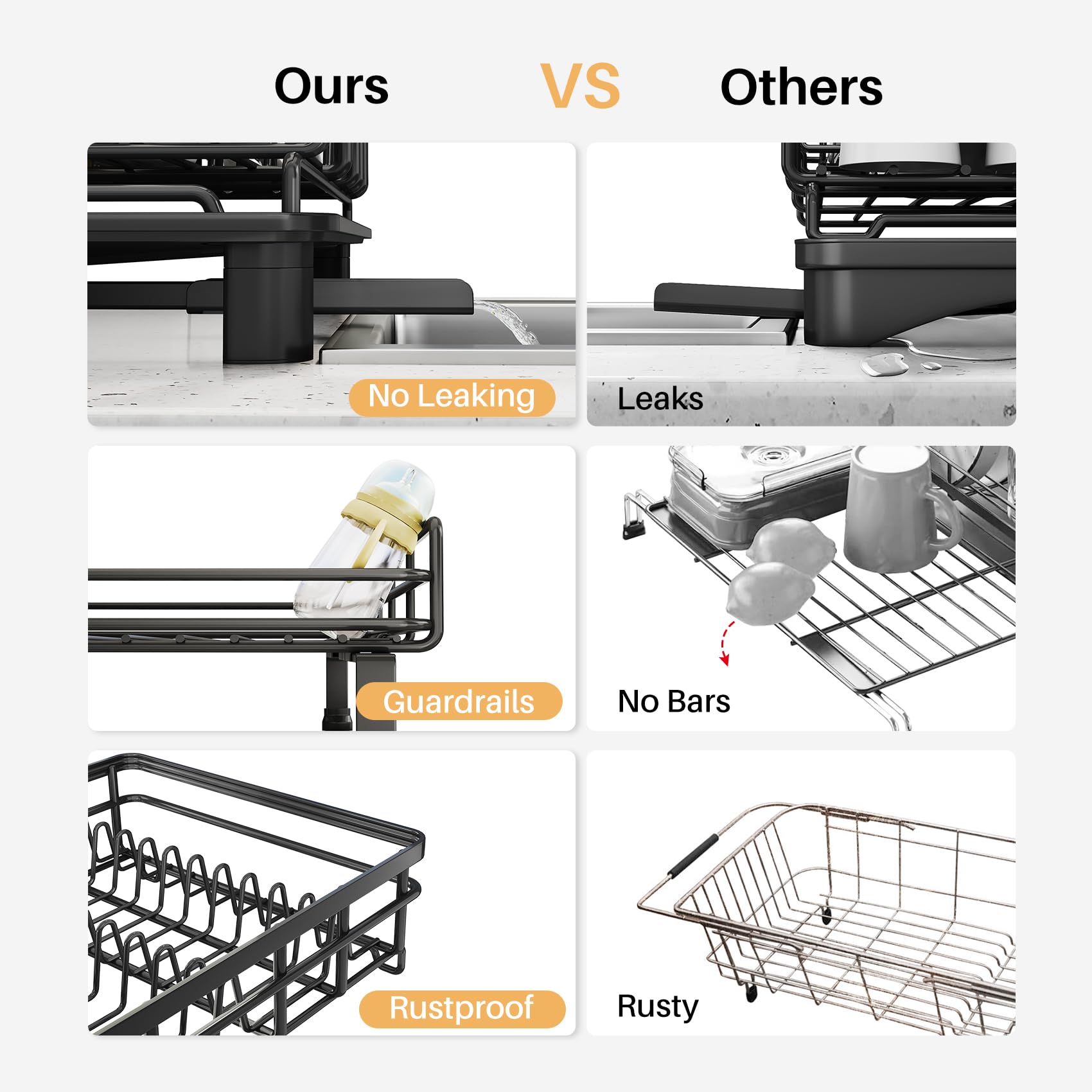 Expandable Dish Drying Rack for Kitchen Counter, Stainless Steel, Black