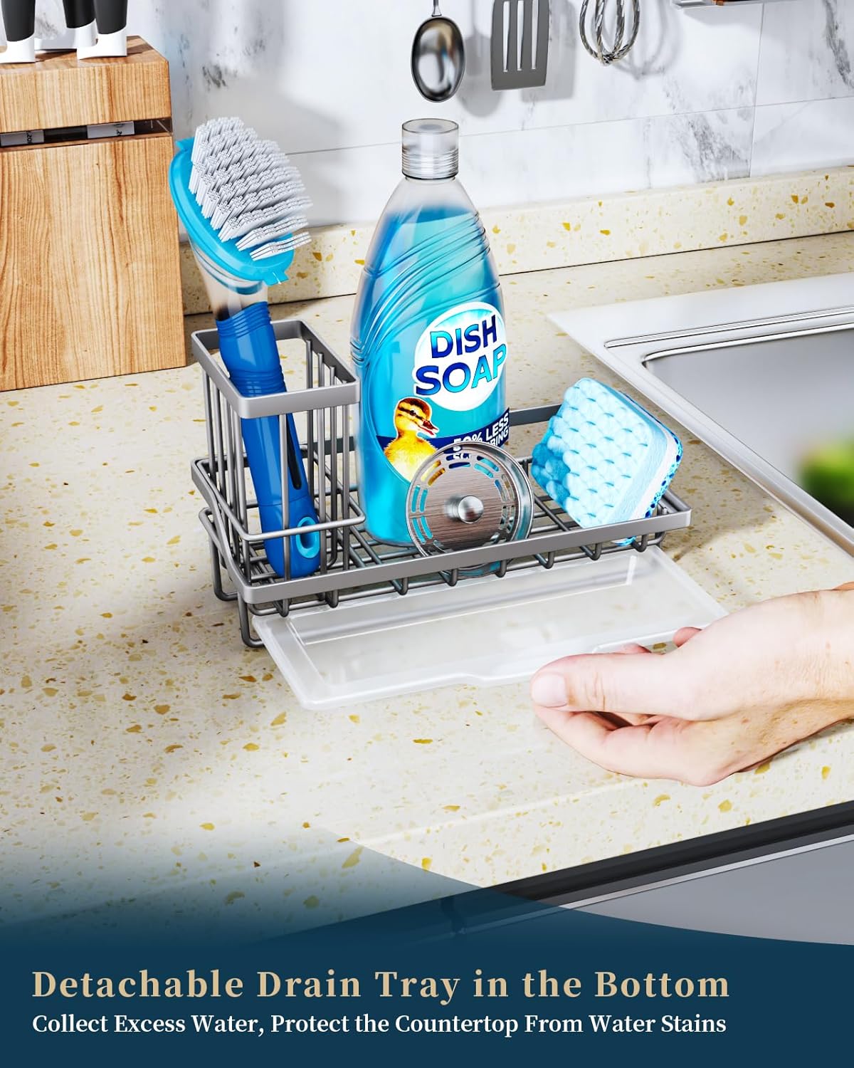 Consumest Sponge Holder for Kitchen Sink, Sink Caddy Organizer with Removable Drip Tray, Countertop Dish Soap Holder and Brush Holder, 304 Stainless Steel - Sand Nickel