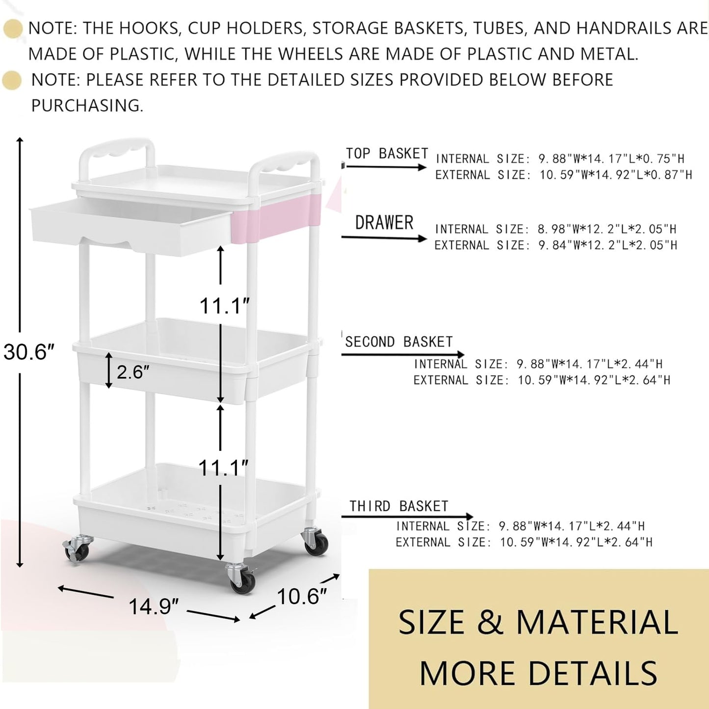 Goovilla 3 Tier Rolling Utility Cart Organizer with Removable Drawer, White