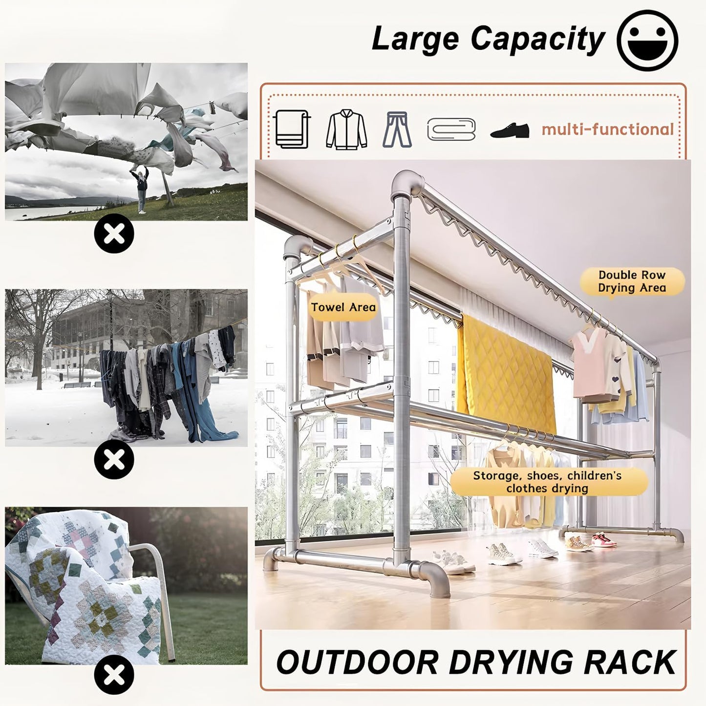 Clothes Drying Rack with Windproof Hooks, 63 inch Drying Rack Clothing Indoor Outdoor, Free Standing Metal Clothes Rack