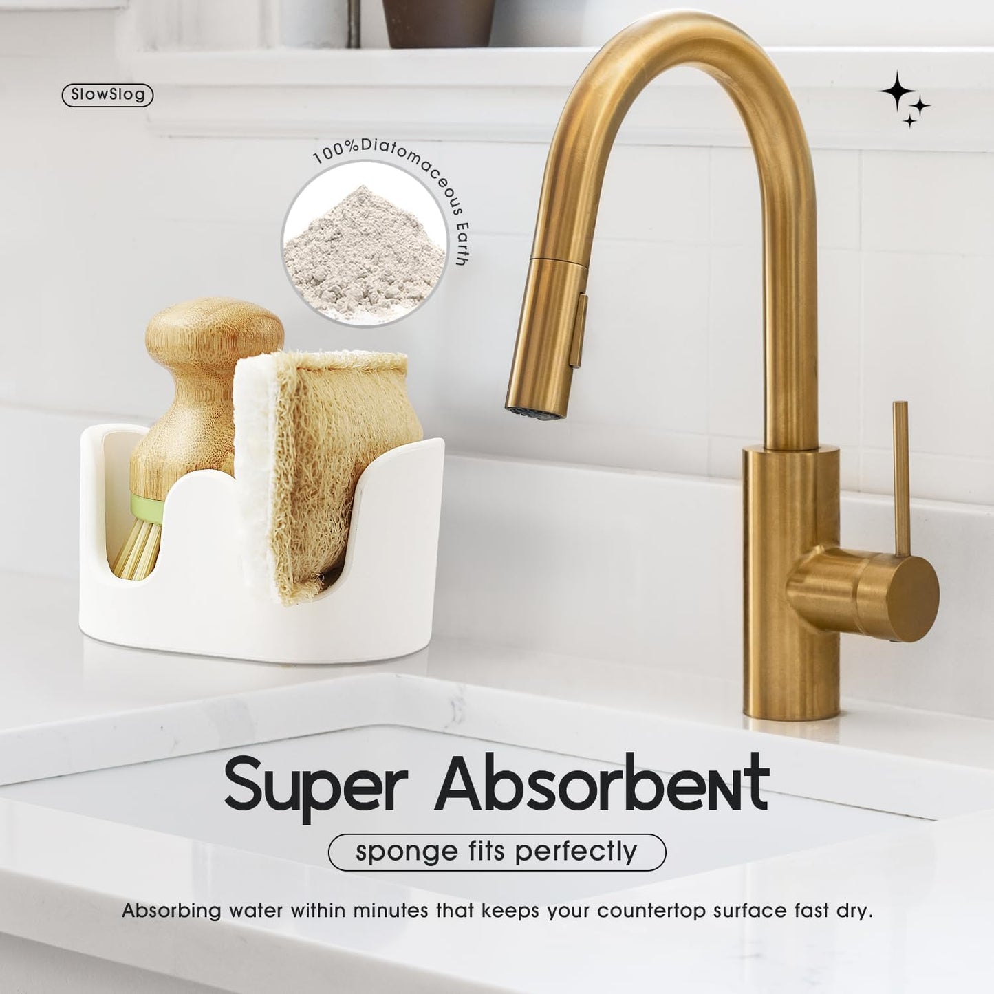 Double Sponge Holder, 2 Slot Diatomite Stone Sponge Holder, Absorbent Sponge Stand for Kitchen Sink, Quick Dry Sponge Caddy Kitchen Sink Organizer, White