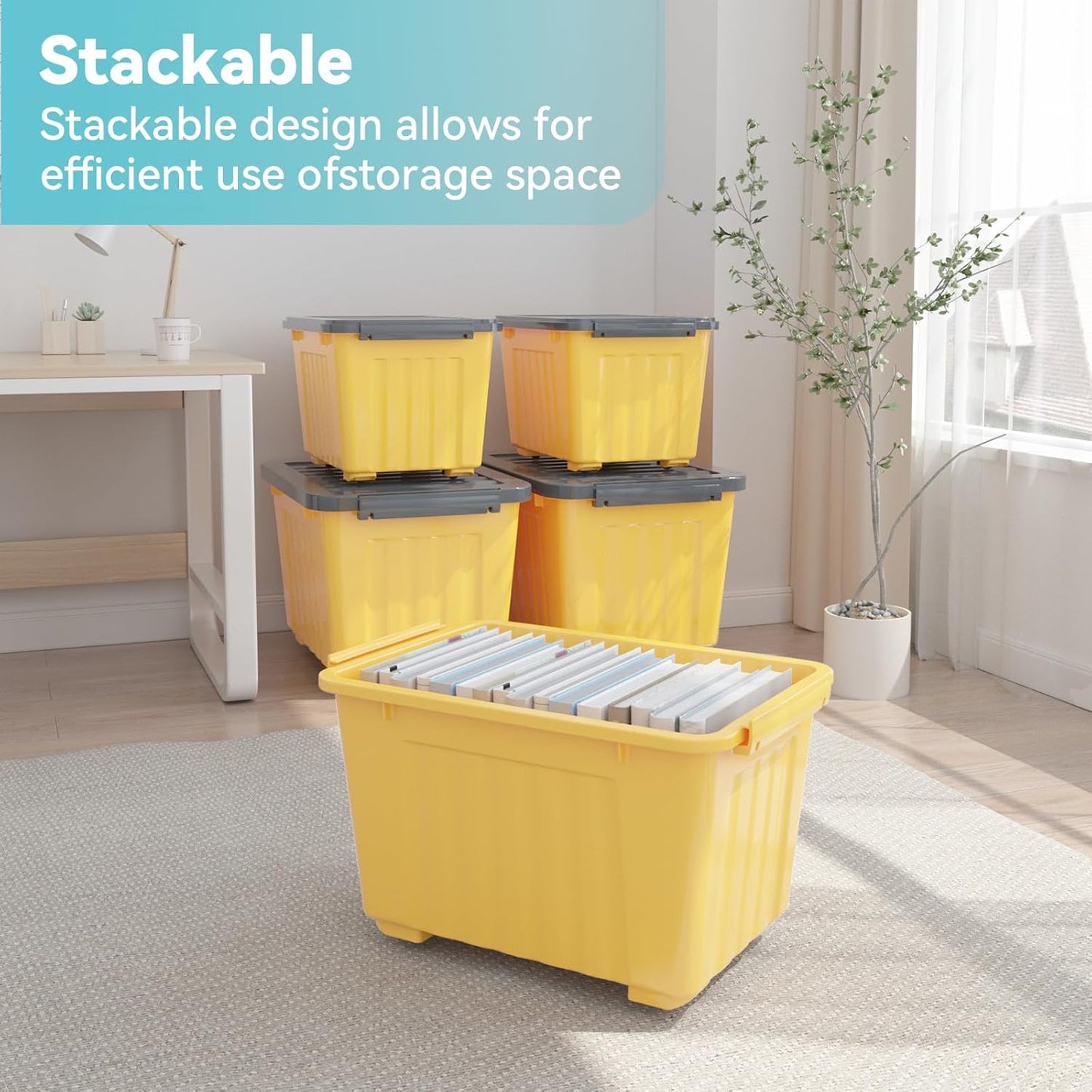 Nazhura Plastic Storage Bin, Stackable and Nestable Storage Boxes with White Lids and Secure Latching Buckles, Large Storage Container (Yellow/Purple, 72Quart-6Pack)