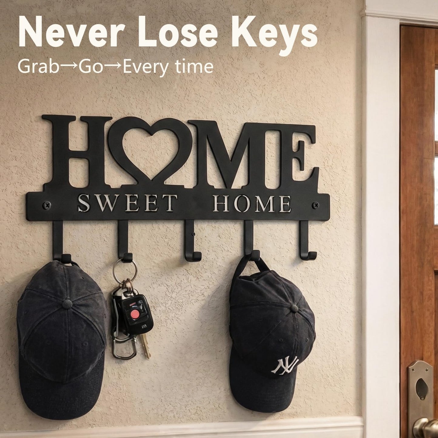 WIPHANY Entryway Wall Key Holder with 5 Hooks, Metal Key Rack Wall Mount for Keys, Bags and