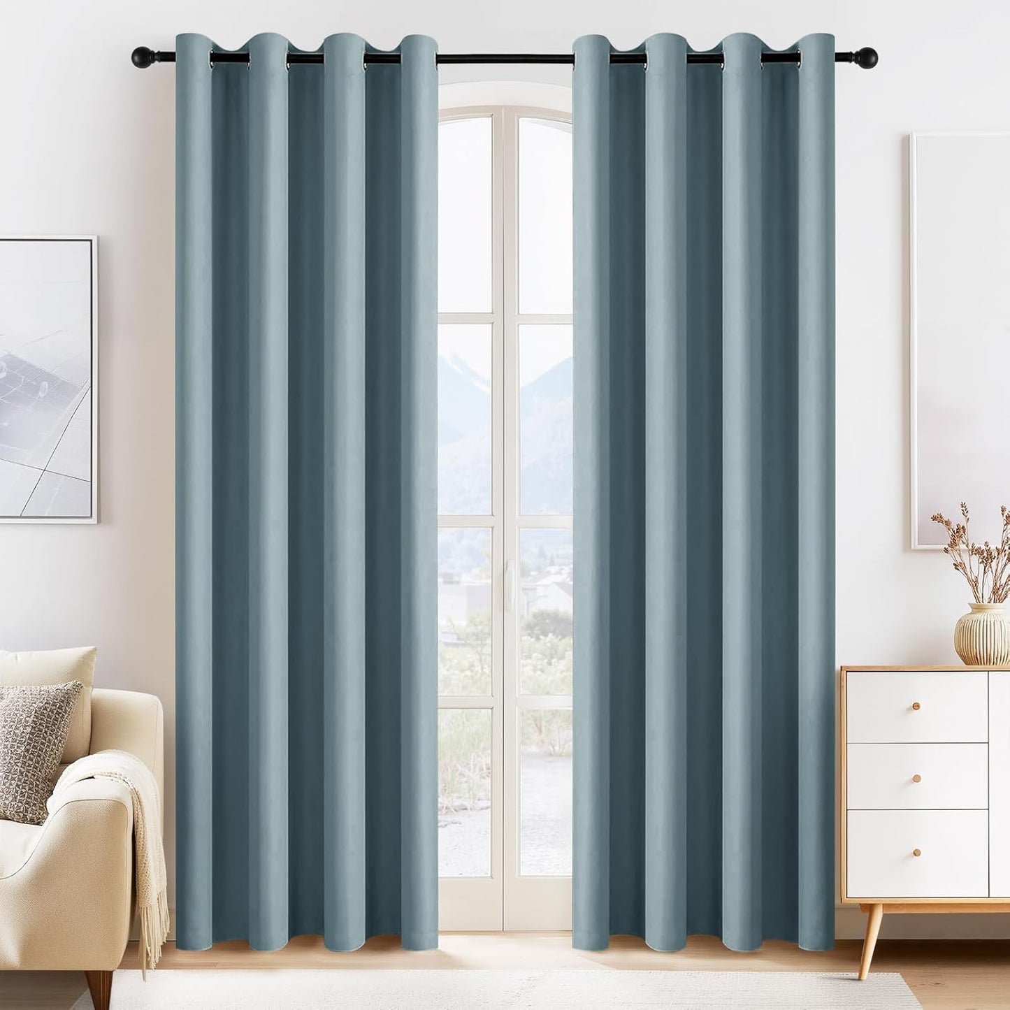 PONY DANCE Dusty Blue Blackout Curtains 80 inch Long 2 Panels Set, Thermal Insulated Solid Grommet Closet Curtains for Bedroom Closet Door, Temporary Doorway Cover Room Divider Drapes, W 55" x L 80"