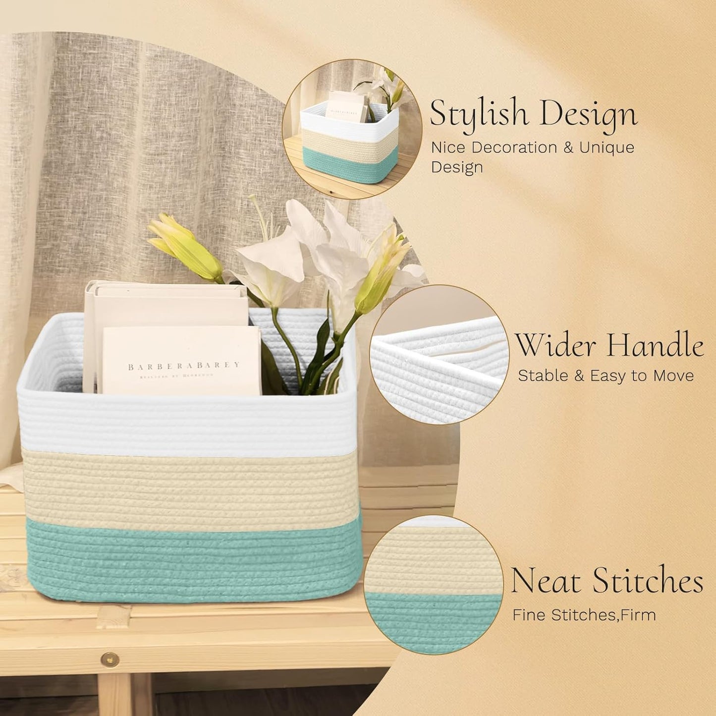 Hopegiver Woven Storage Baskets 15x11x10 Inch, 3 Pack Collapsible Cube Storage Bin for Shelves - Foldable Cotton Rope Organizer Bins for Towels, Toys, Books, Closet, Nursery (White Cream Green)