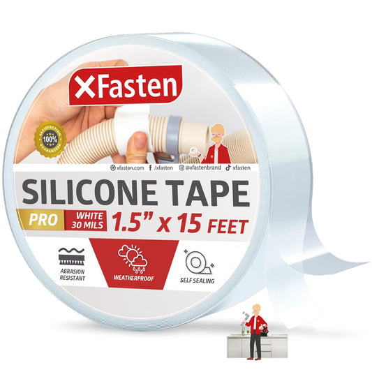 XFasten Self-fusing Silicone Tape Pro, White, 1.5-Inch x 15-Feet, 30mils Heavy-Duty Plumbing Tape for Leaks, Radiator Hose, Drain Pipes, Electrical Cords, and Garden Hose, High Pressure Resistant