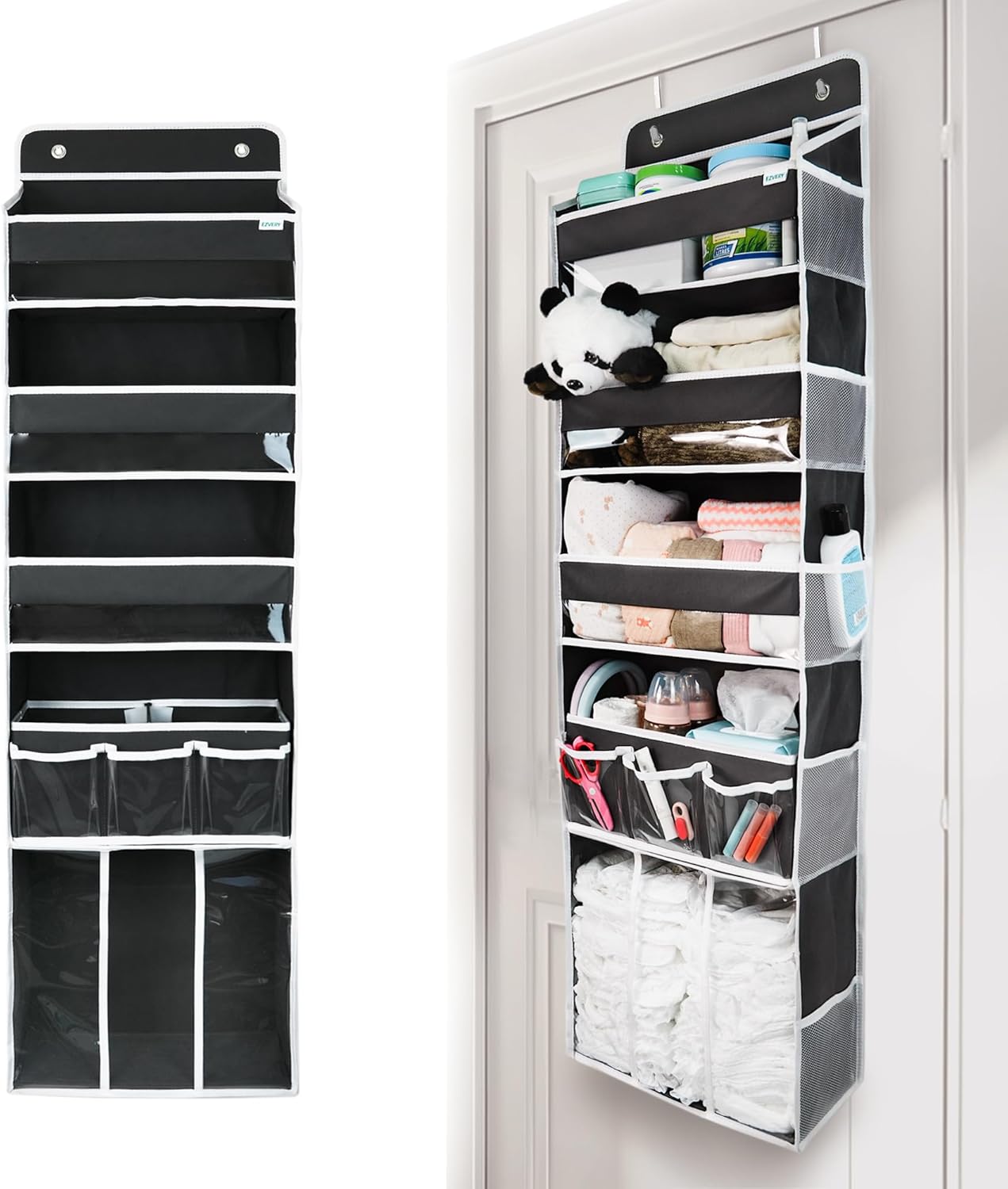 Door Hanging Storage Organizer,with 3 Bins 1 Movable Baby Diaper Caddy,1 Large capacity diaper stacking storage Organizer,10 Side Pockets ,Bedroom Door Storage for Nursery Baby Essentials. (Dark grey)