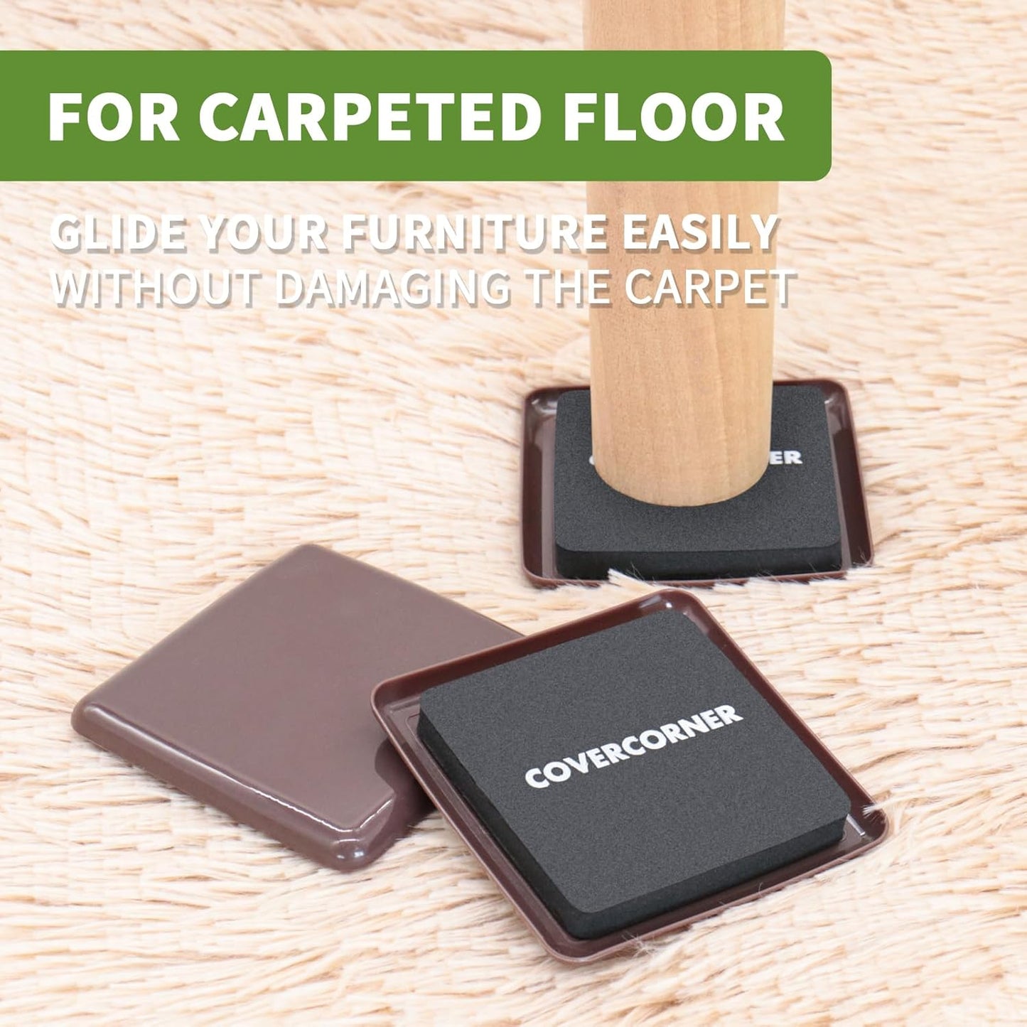 Furniture Sliders for Carpet 16 PCS - 3 1/2 inch Furniture Moving Slider Chair Legs Floors Protectors Square Furniture Movers Sliders – Move Your Furniture Easy & Safely(for Carpet)-Brown