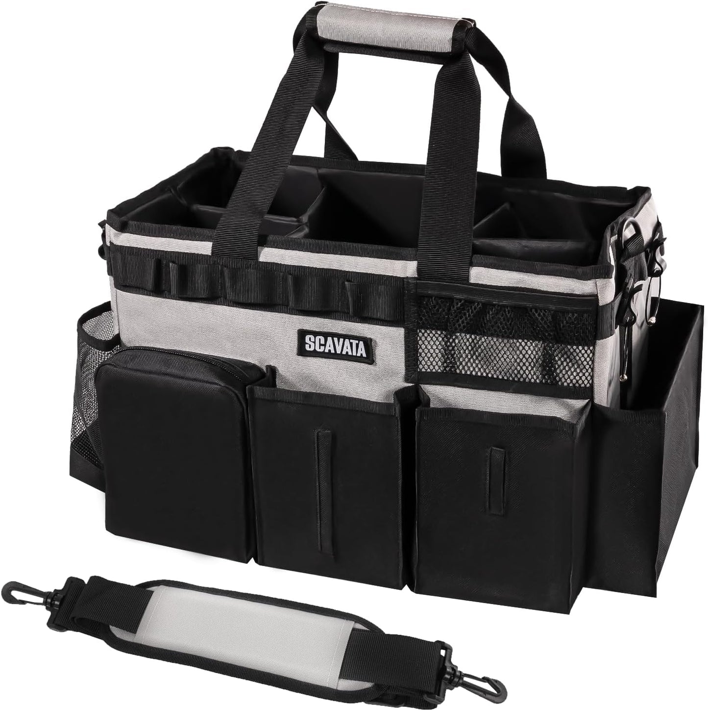 Wearable Cleaning Caddy Bag, Cleaning Caddy Supplies Organizer with Handle & Shoulder Straps for Housekeepers, Under Sink & Car Cleaning Tool Organizers with 4 Foldable Divider (Grey)