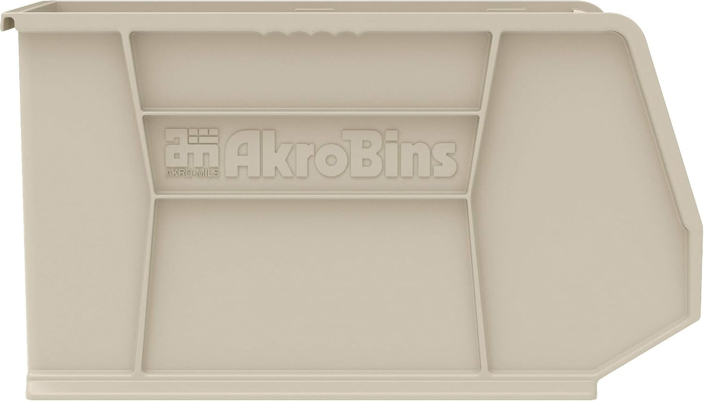 Akro-Mils 30260 AkroBins Plastic Storage Bins, Space-Saving Stackable Bins for Garage, Pantry, Craft Organization, 18" x 11" x 10", Stone, 6-Pack