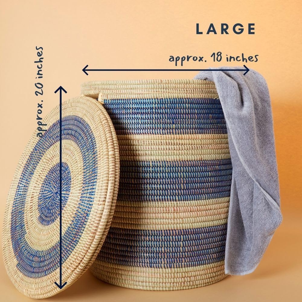 Storage & Organization - Basket, Laundry Hamper, Nursery Toys Bin, Living Room Blankets Storage, Decorative, Wicker, Woven, Sturdy, Round, Handles, Navy Blue, Large