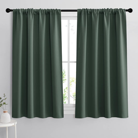 RYB HOME 54 inch Curtains for Living Room, Rod Pocket Thermal Insulated Small Window Drapes Room Darkening Shades for Bedroom Studio Closet, W 42 x L 54 inch, Set of 2 Panels, Dark Green