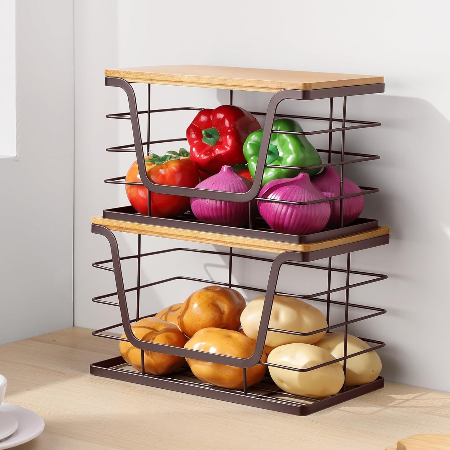 ALOCEO 2 Pack Large Pantry Baskets with Bamboo Lip, Stainless Steel Garbage Bag Holder Dispenser Countertop Storage, Stackable Kitchen Storage Bins for Fruit Onion Potato Vegetable, Brown