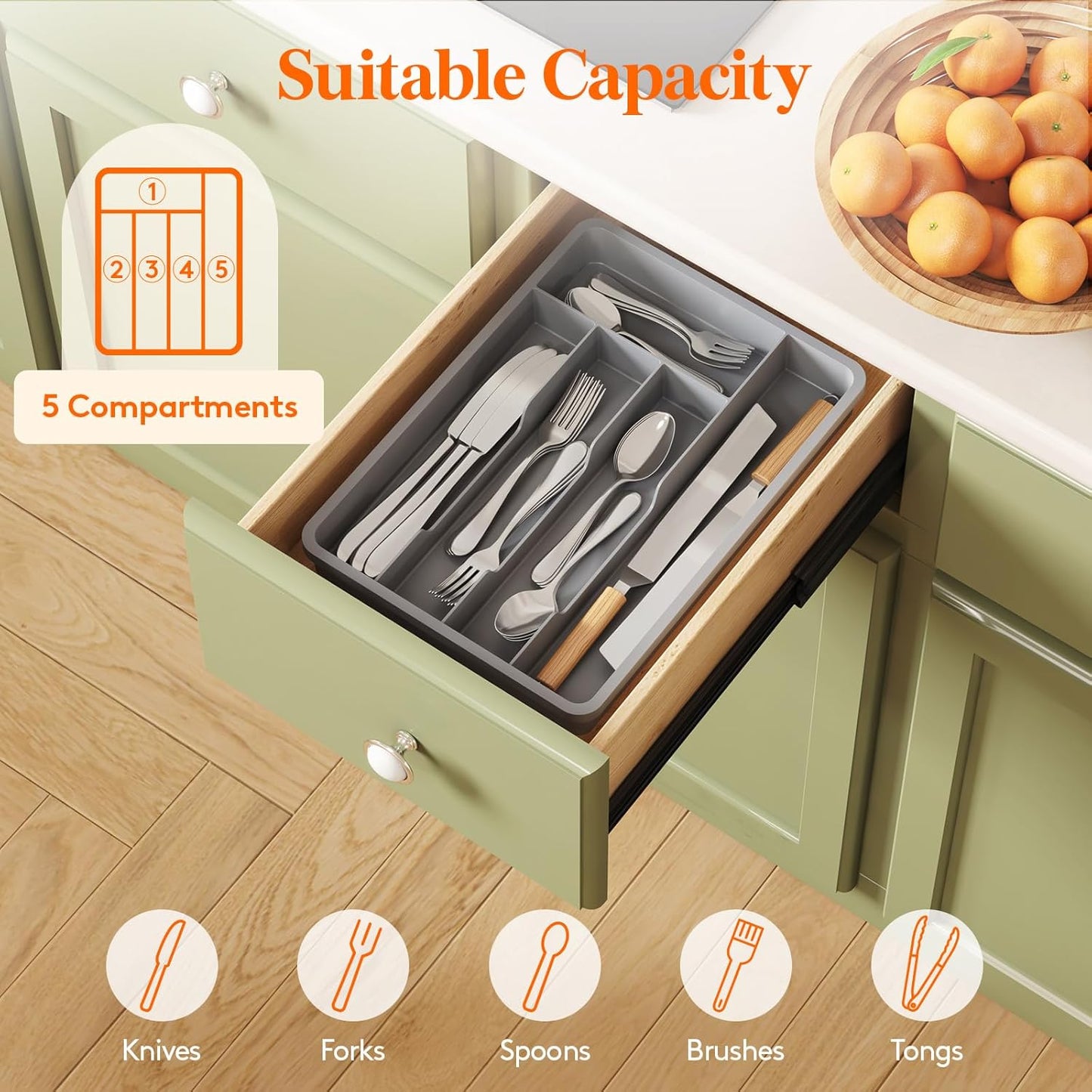 Lifewit Silverware Tray, Deep Wide Cutlery Drawer Organizer Storage for Kitchen, Plastic Flatware Utensil Holder Divider for Spoons Forks Knives Tableware, 5 Compartment, Gray