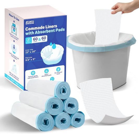 60 Packs Commode Liners With 60 Absorbent Pads, Leak-Proof Disposable Toilet Bags for Adults, Fits All Bedside Toilet Chairs Bucket, Portable Potty Liners for Home Medical Use, No Mess Cleanup