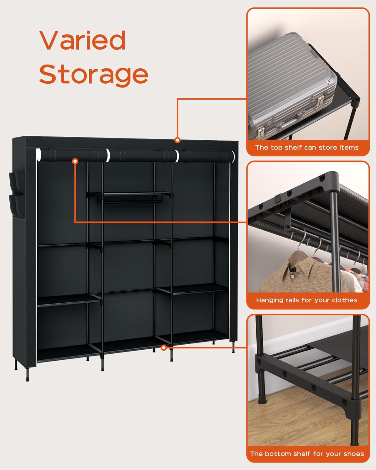 Portable Closet, 81.1 Inch Extra Large Capacity Wardrobe Closet with Cover, Clothes Storage Organizer with Shelves and 3 Hanging Rods, Easy to Assembly, Black PCT133B01