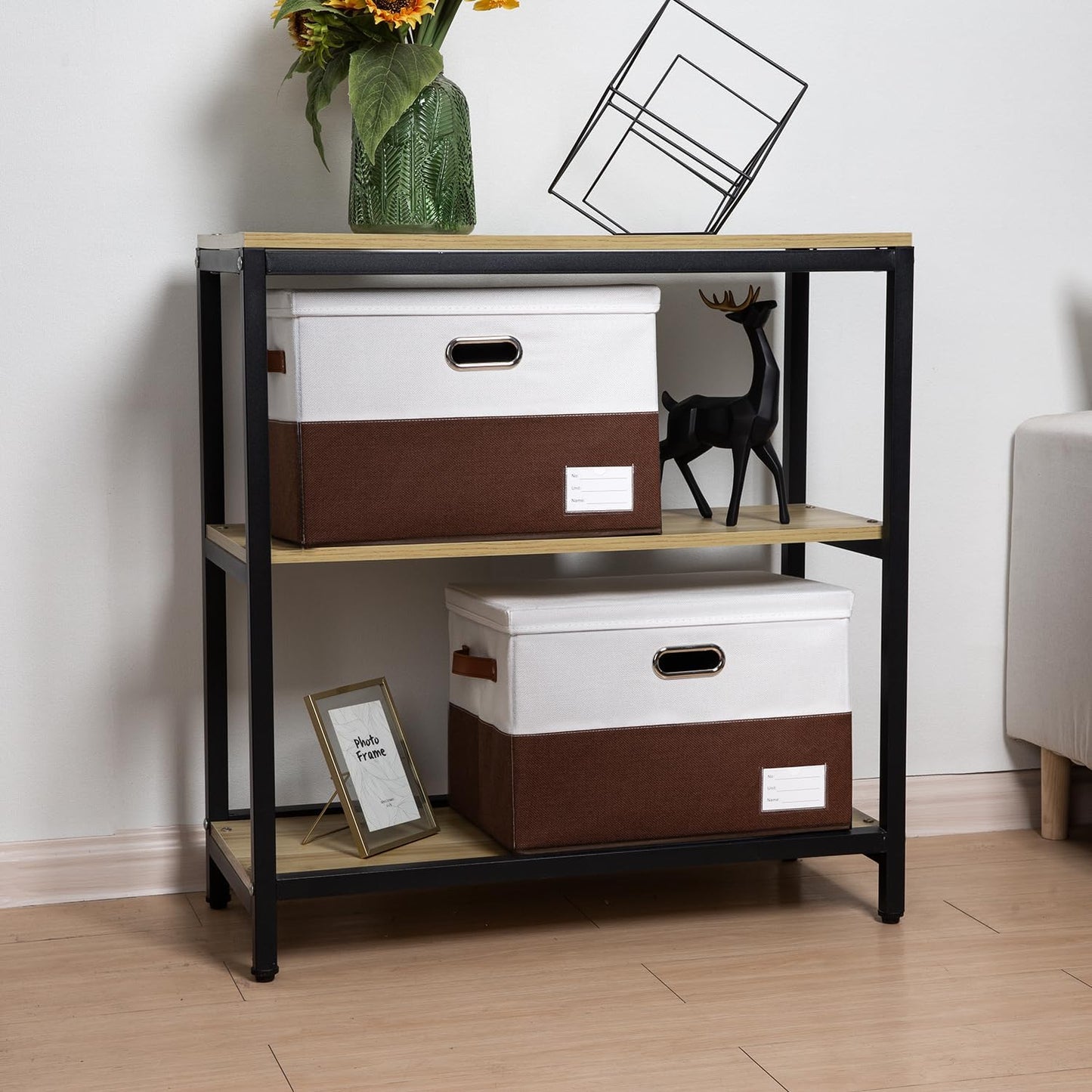 PRANDOM Foldable Storage Bins with Lids [3-Pack] Fabric Collapsible Storage Boxes Baskets Cubes Containers with Handles for Closet Living Room Bedroom (Brown & White 17.7x11.8x11.8'')