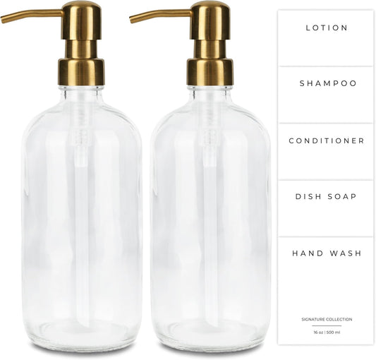 Emerson Essentials Soap Dispenser, Dish Bottles for Kitchen - Soap Bathroom Set, Glass Bottle Dispenser with Pump and Labels, 16 Oz | 2-Pack