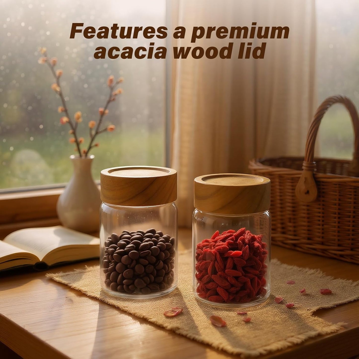 2pc Glass Mason Jars with Acacia Wood Airtight Lids - Overnight Oats & Food Storage Container Set, Clear Stackable Leakproof Kitchen Canisters for Meal Prep/Snack Organization/Spice Storage