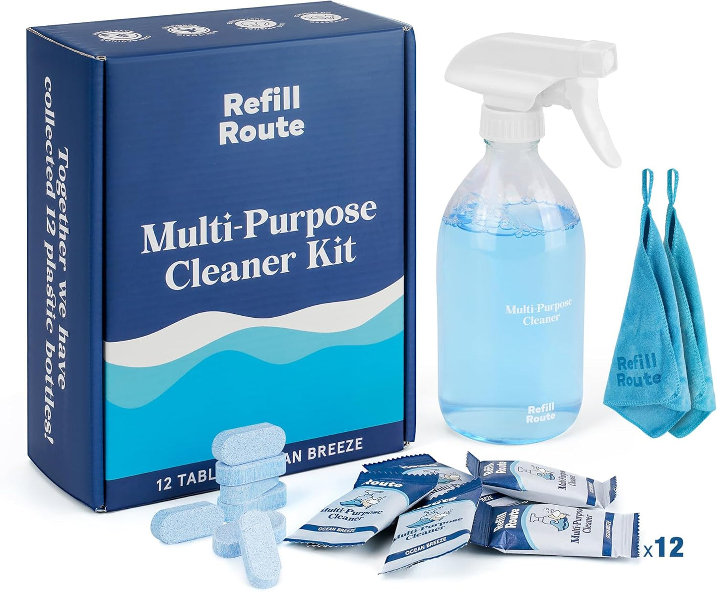 Multi-surface Cleaner Kit, Bathroom Cleaner Spray Tablets & Spray Bottle All Purpose Cleaner, 12 Tablets Multipurpose Cleaner Refills with Reusable Glass Bottle, Plant Based - Ocean Breeze