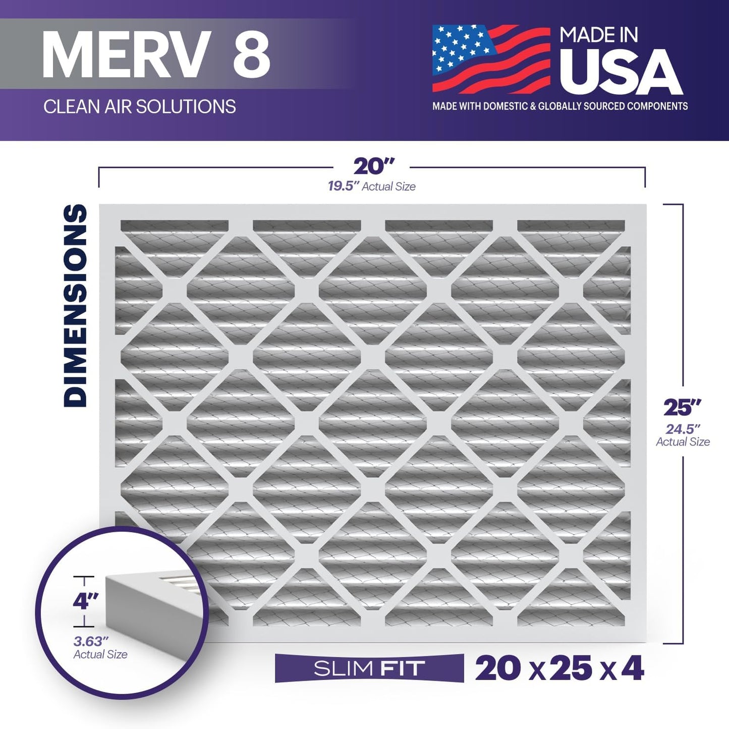 BNX TruFilter 20x25x4 (19.5’’ x 24.5’’ x 3.63‘’ Slim Fit) MERV 8 Air Filter 2-Pack - MADE IN USA - Air Conditioner Furnace Filters HVAC AC Furnace Filters for Dust, Pet, Mold, Pollen MPR 600-700 FPR 5