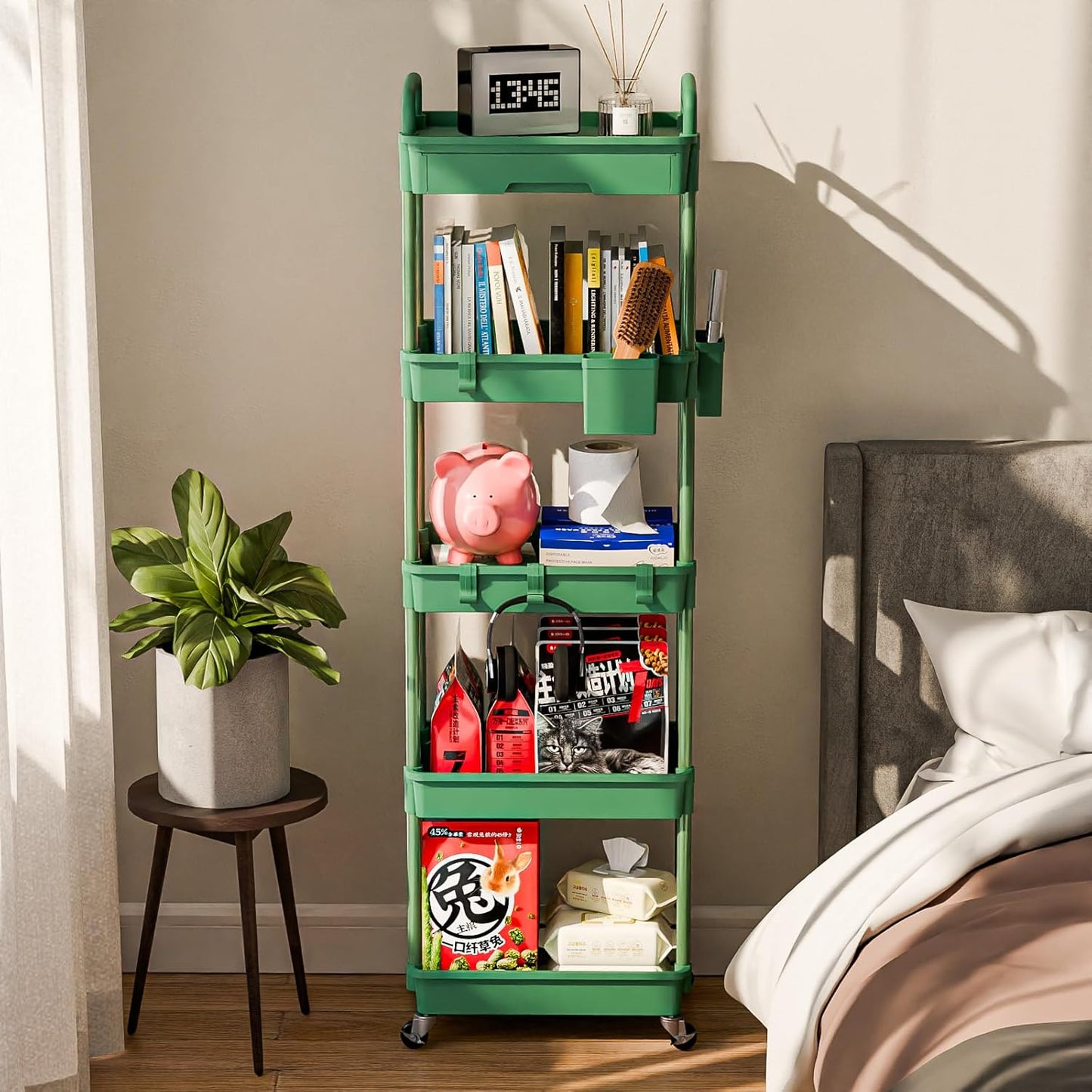 5 Tier Rolling Cart Organizer,Bathroom Cart Organizers with Wheels Laundry Room Organization Mobile Shelving Unit Utility Cart Storage Shelves Multi-Functional for Office, Home(Green)