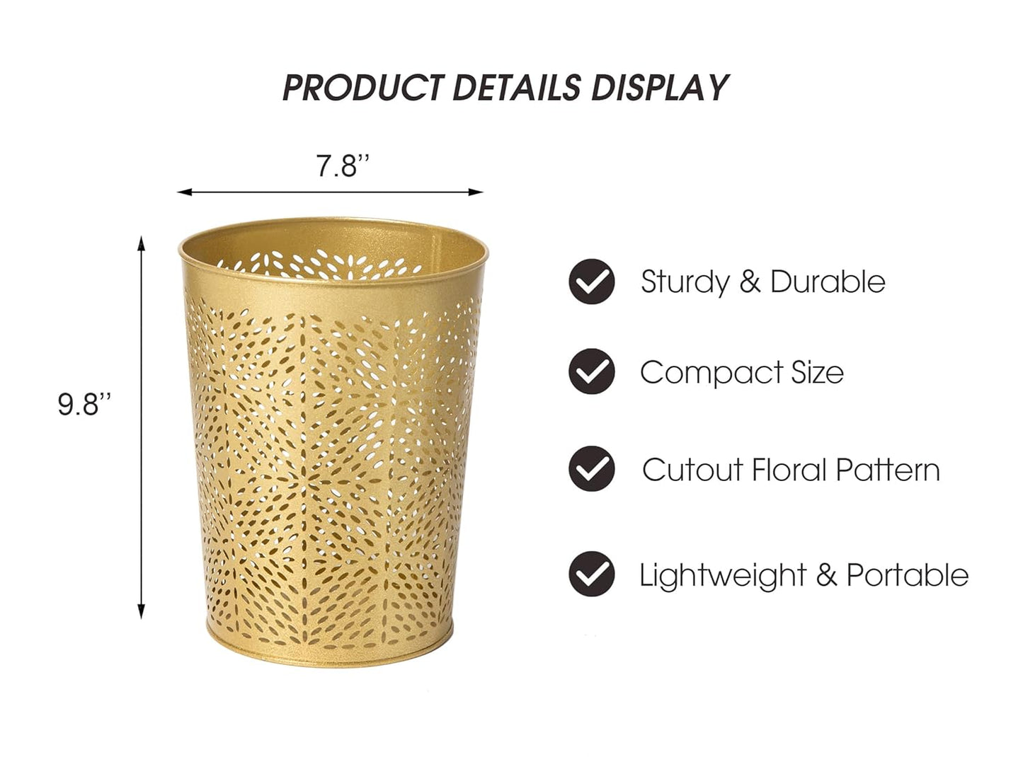 Small Gold Metal Trash Can Wastebasket, Decorative Hollow-Out Garbage Can Waste Paper Bin, Modern Farmhouse Round Trash Bin for Bathroom, Bedroom, Kitchen and Office (Floral)