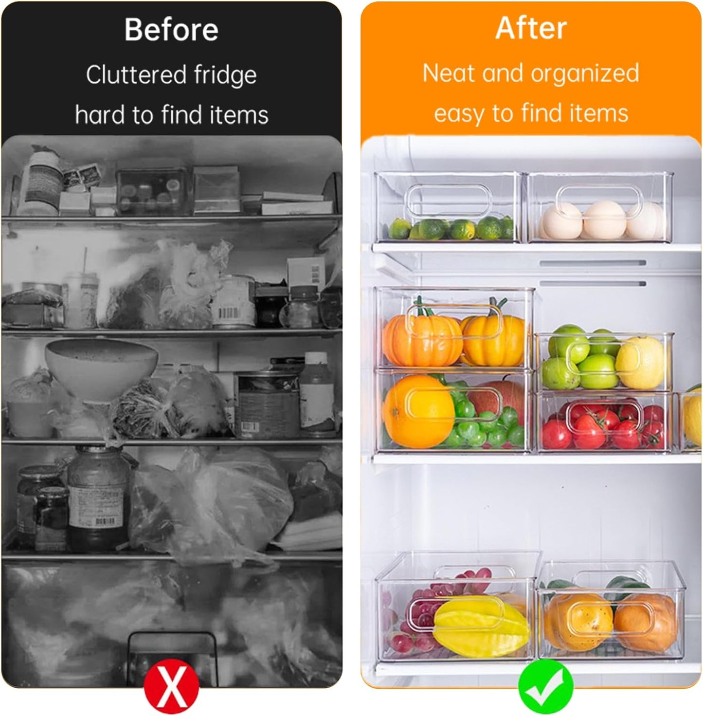 6 Pack Refrigerator Organizer Bins,3 Sizes Clear Pantry Storage with Handles and 30 PCS Plastic Bags for Fridge, Freezer, Shelves, Drawer, Bins, Snack Organizer for Home & Kitchen
