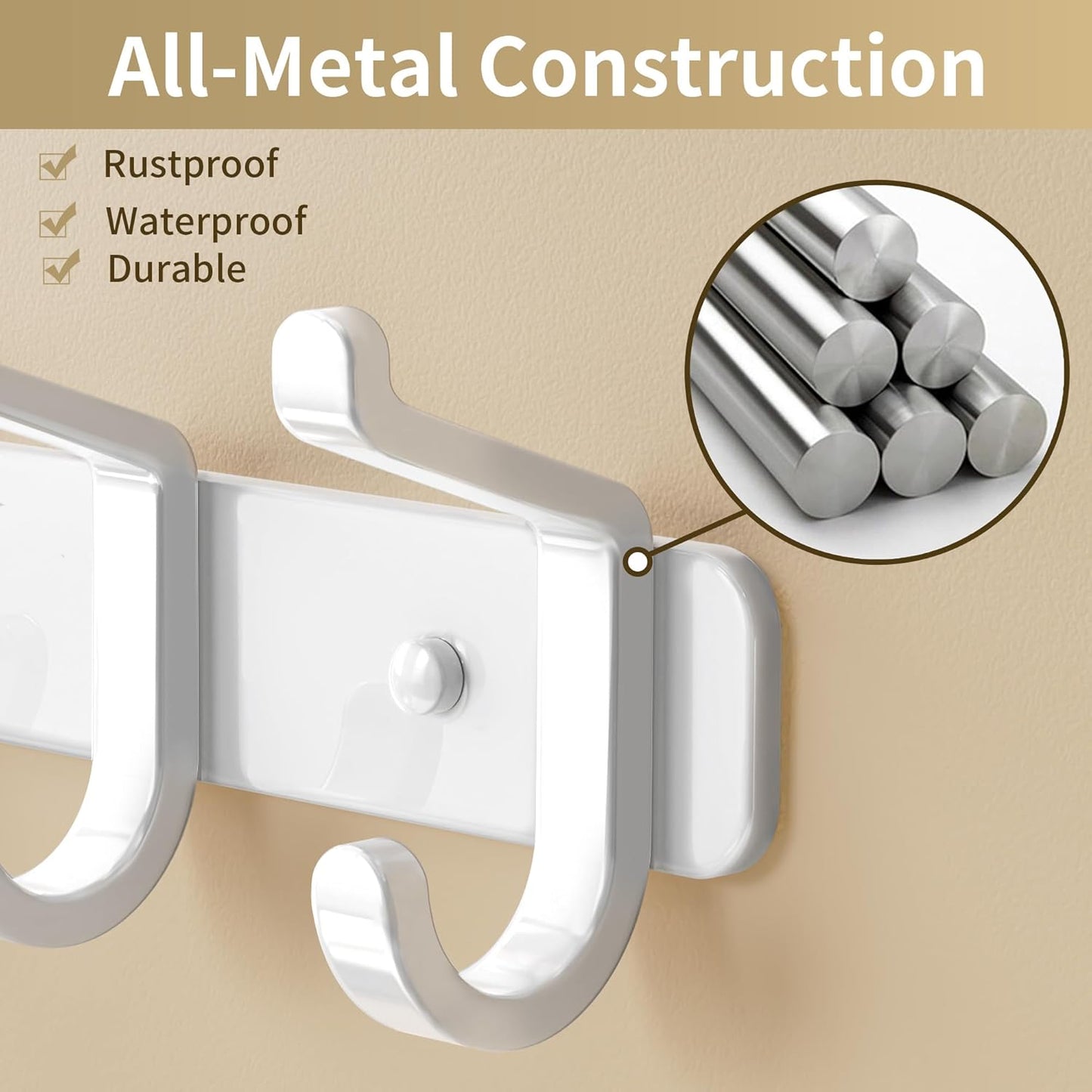 Coat Rack Wall Mounted Heavy-Duty: Metal Coat Hanger 6 Hooks for Hanging Hat, Clothes, Robe, Keys, Backpack, Bathroom Towels, Jacket, Purse - Closet, Door, Entryway, Mudroom (White, 1 Pack)