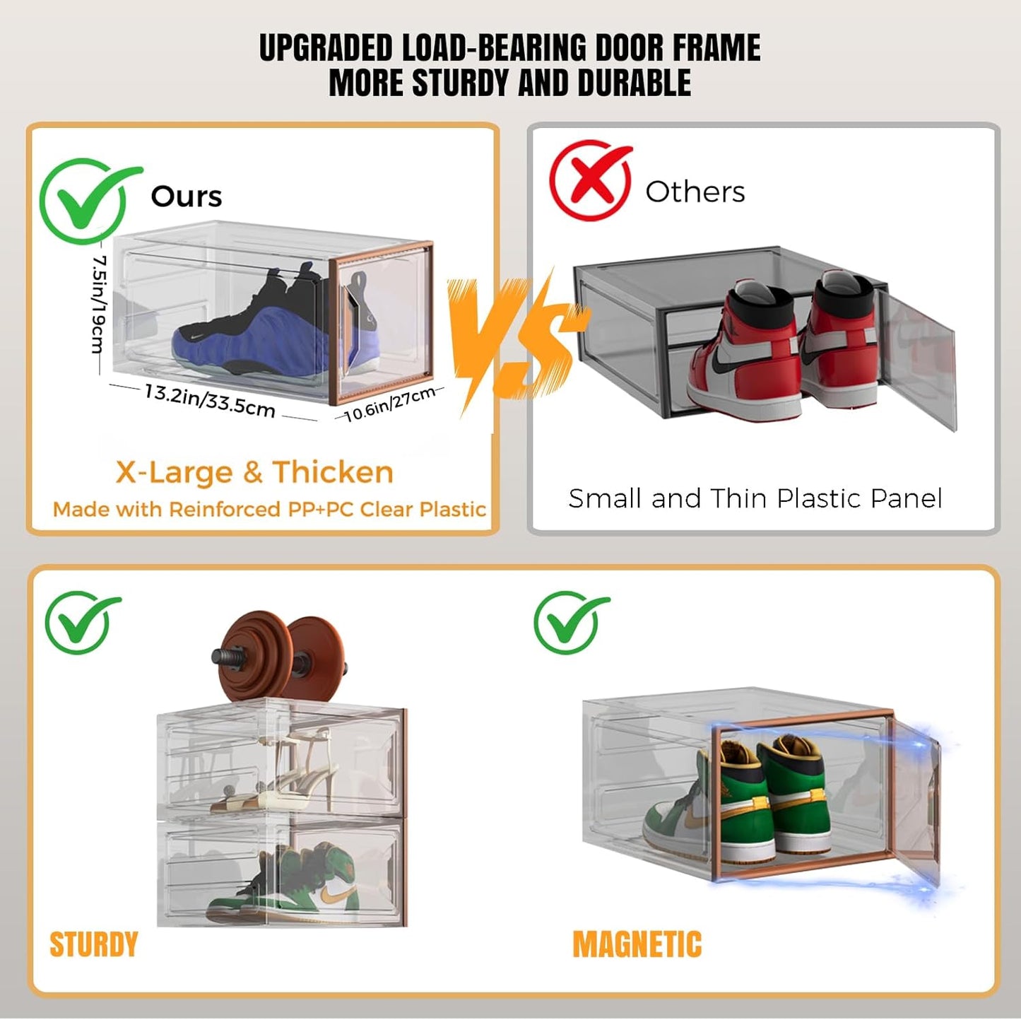 Shoe Storage Boxes Stackable, X-Large Plastic Clear Shoe Organizers with Magnetic Door, Thicken & Sturdy Sneaker Containers, Toy Storage Organizer Bins for Entryway, Closet, Under Bed