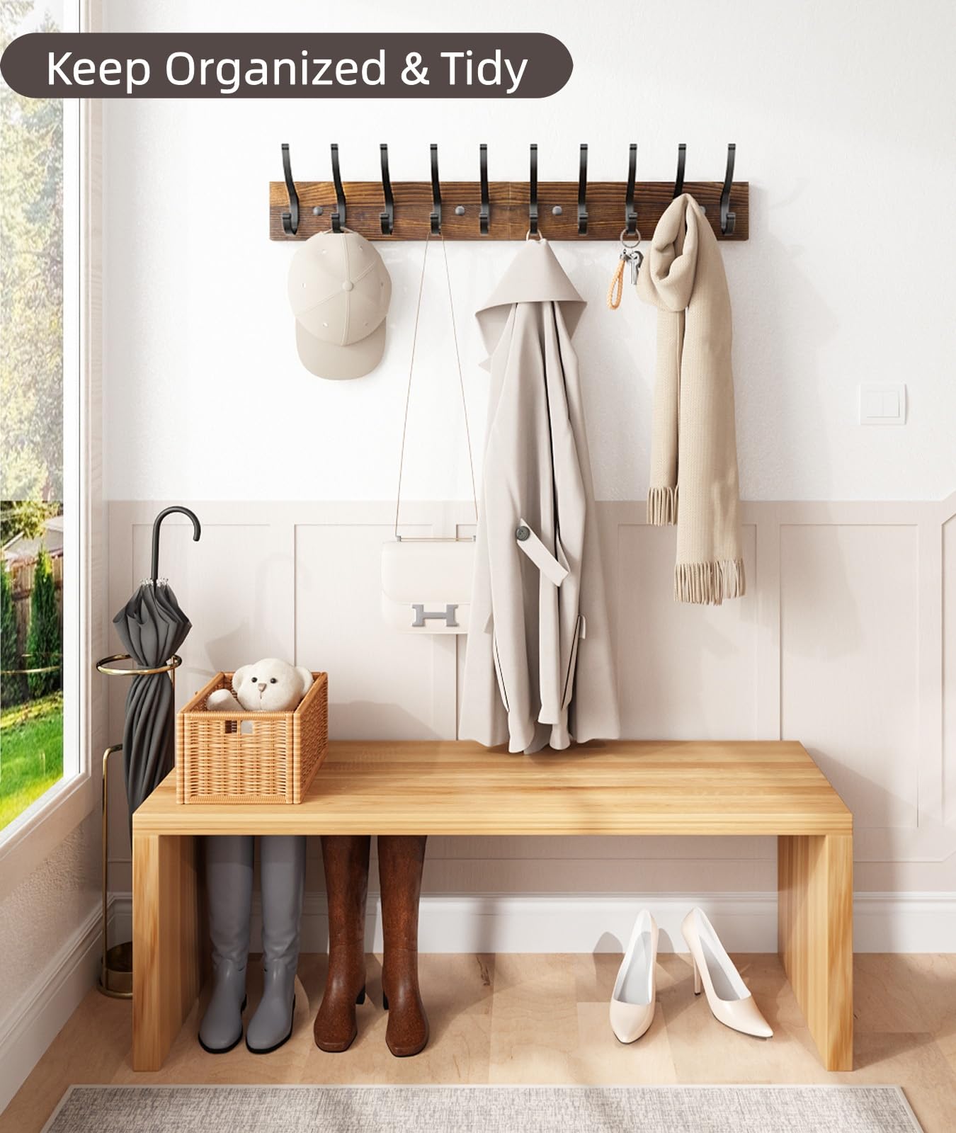Optish 2 Pack Wooden Coat Rack Wall Mount, 16.1" Rustic Coat Hanger Hooks with 10 Double Hooks