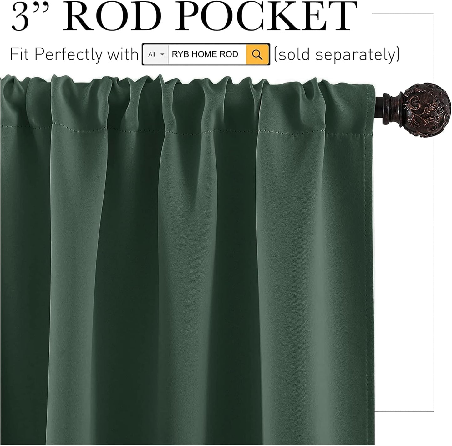 RYB HOME Dorm Curtains Room Darkening, 45 inch Length Privacy Window Treatment Thermal Insulated Covers for Shortage Room Studio Nursery, W34 x L45 inch, 2 Panels, Dark Green
