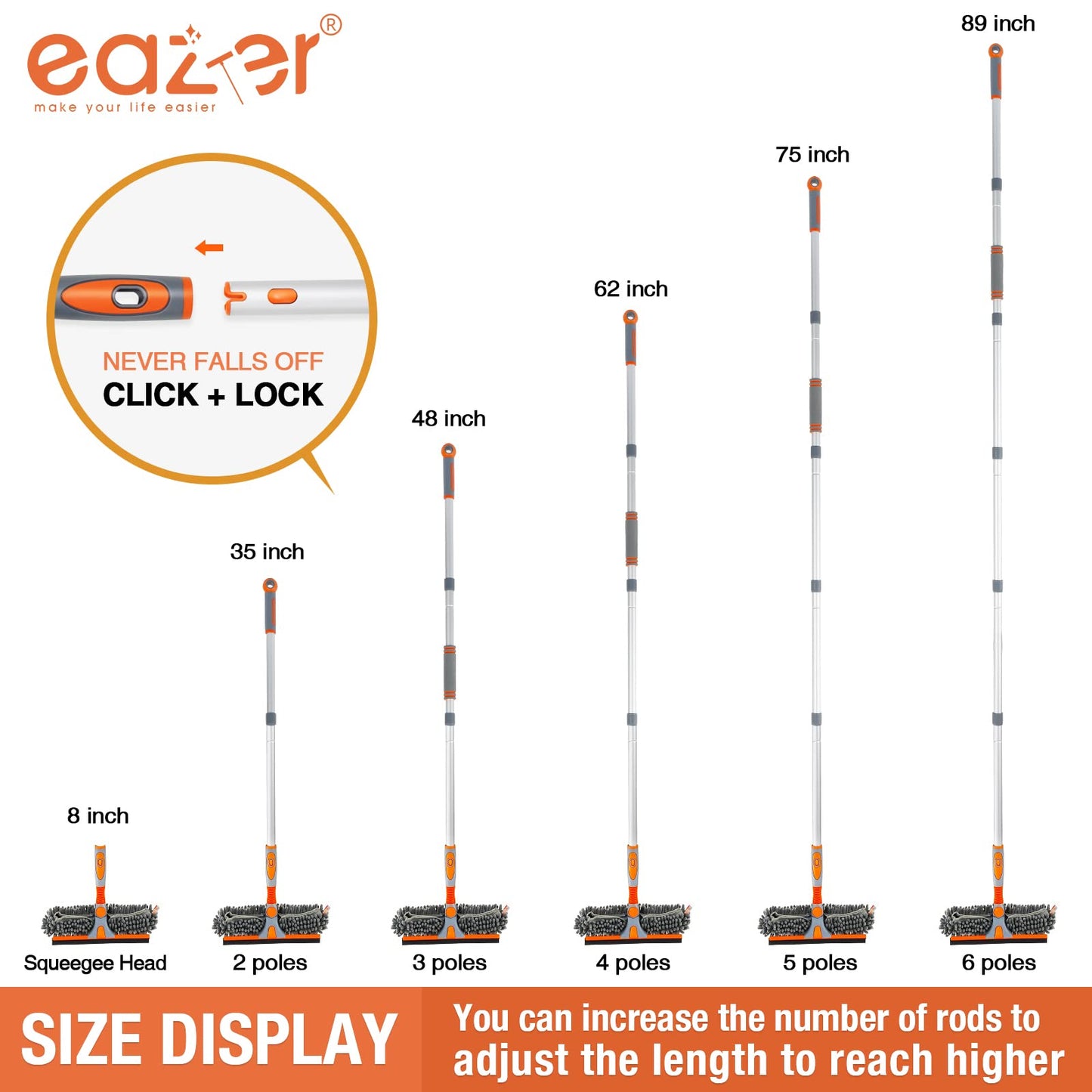 Eazer 89'' Squeegee Window Cleaner 2 in 1 Rotatable Window Cleaning Tool Kit with Extension Pole
