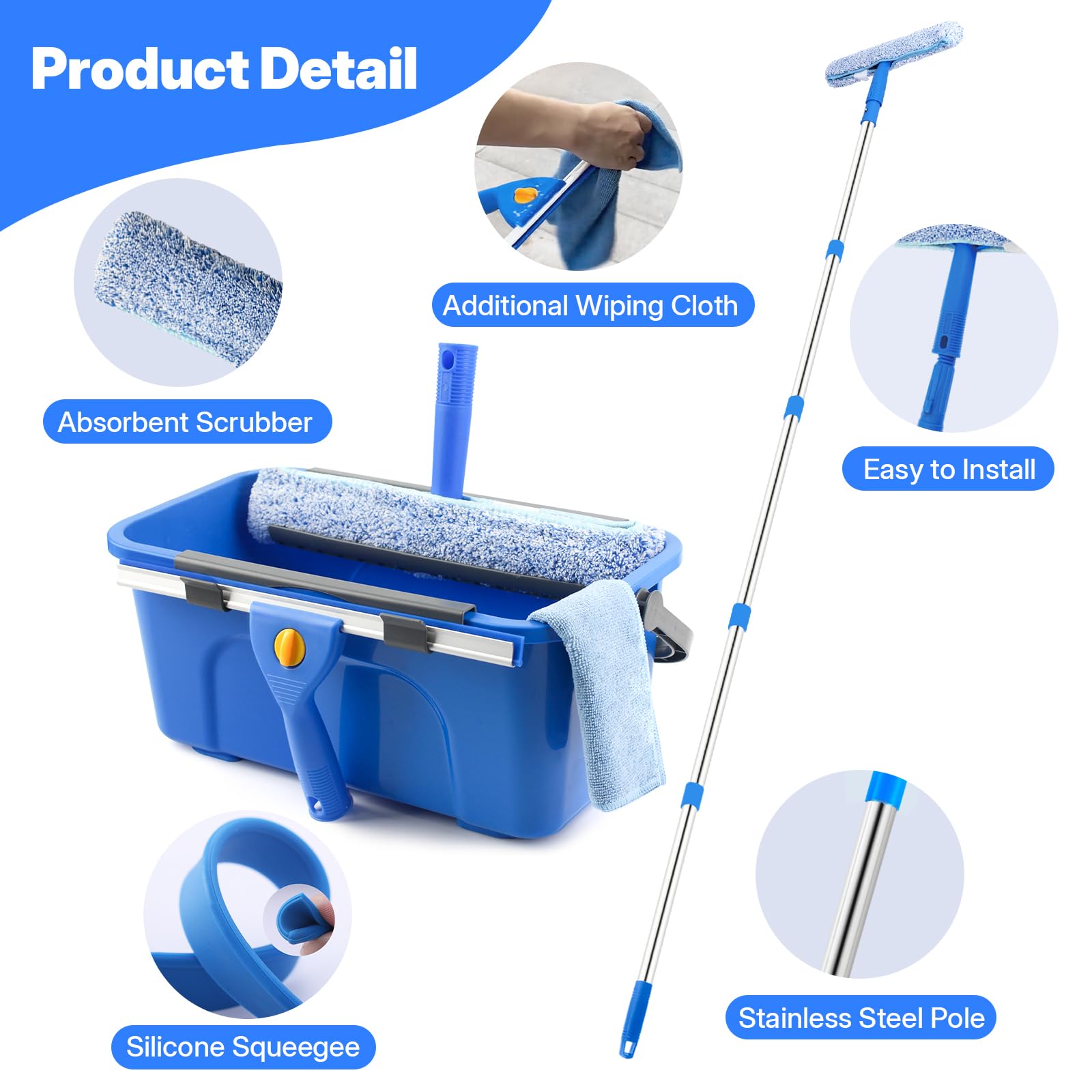 Window Cleaning Kit with Bucket, Squeegee and Scrubber for Home, Commercial