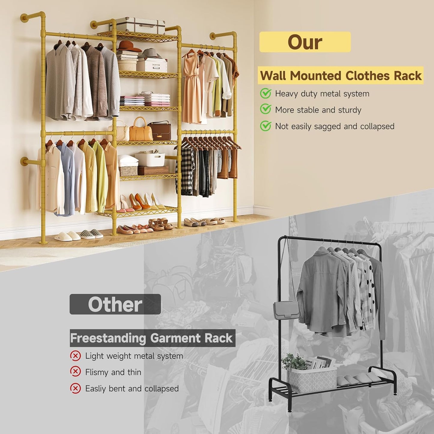 ONBRILL H3 Wall Mounted Closet System, Expandable Industrial Pipe Clothes Rack Clothing Rack for Hanging Clothes, Heavy Duty Closet Organizers and Storage in Wardrobe Closet, Gold