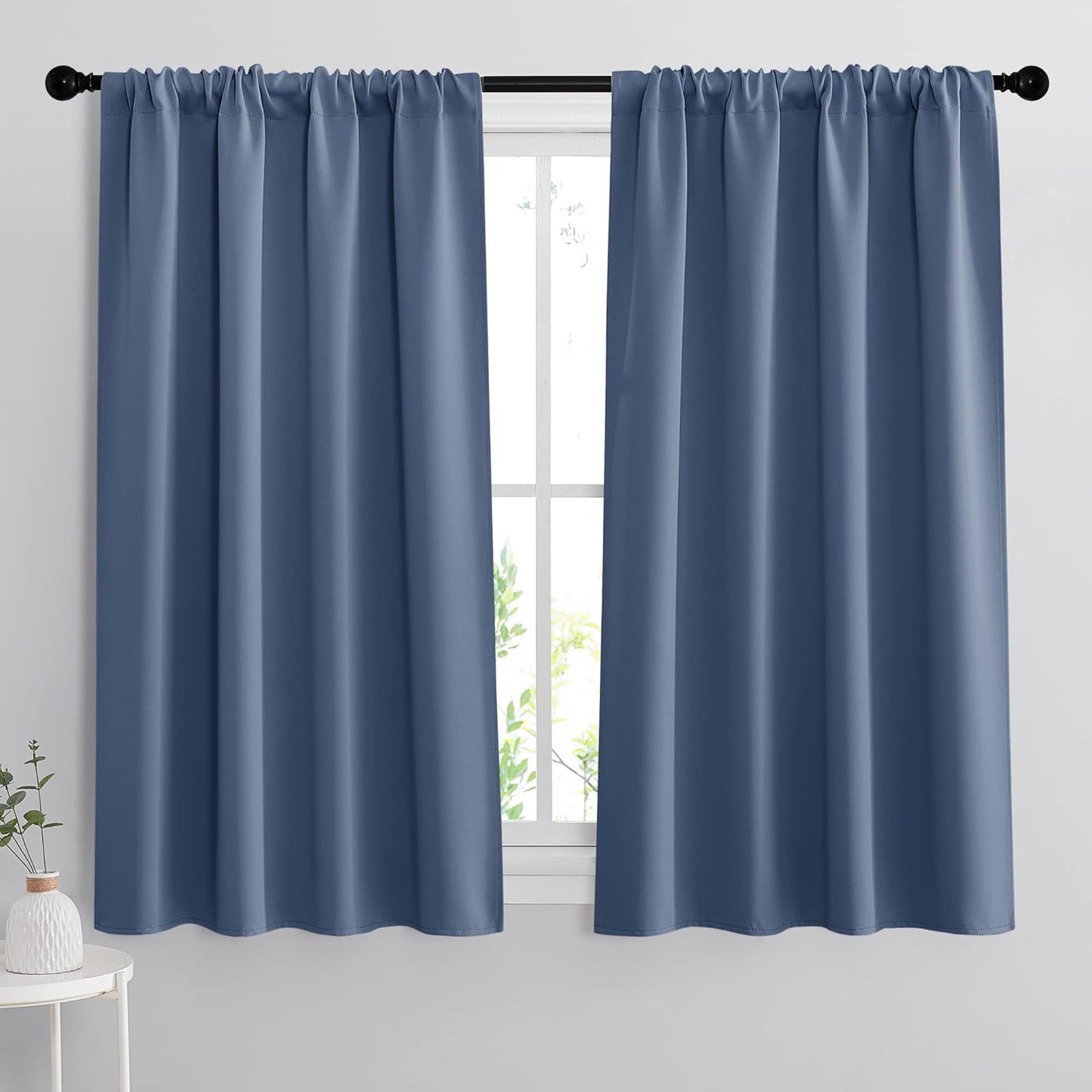 RYB HOME Short Kitchen Curtains, Room Darkening Drapes Thermal Insulated Small Window Coverings Full Privacy Protection for Bedroom Bathroom Dining Room, Stone Blue, W42 x L45 inch, 2 Panels