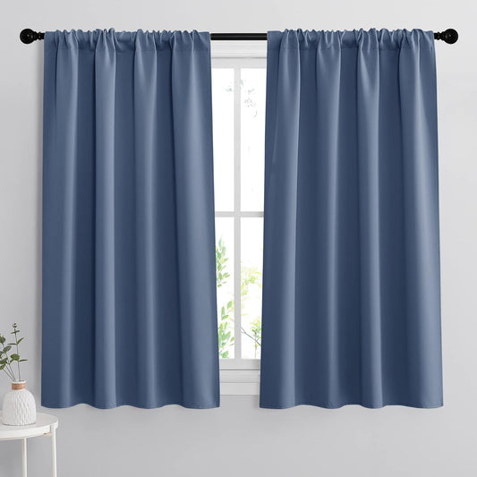 RYB HOME Short Kitchen Curtains, Room Darkening Drapes Thermal Insulated Small Window Coverings Full Privacy Protection for Bedroom Bathroom Dining Room, Stone Blue, W42 x L45 inch, 2 Panels