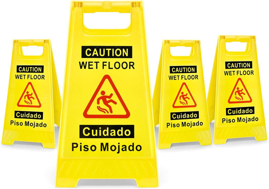 4-Pack Caution Wet Floor Sign, 17.5" Height, Bright Yellow, Double-Sided A-Shaped Frame Design