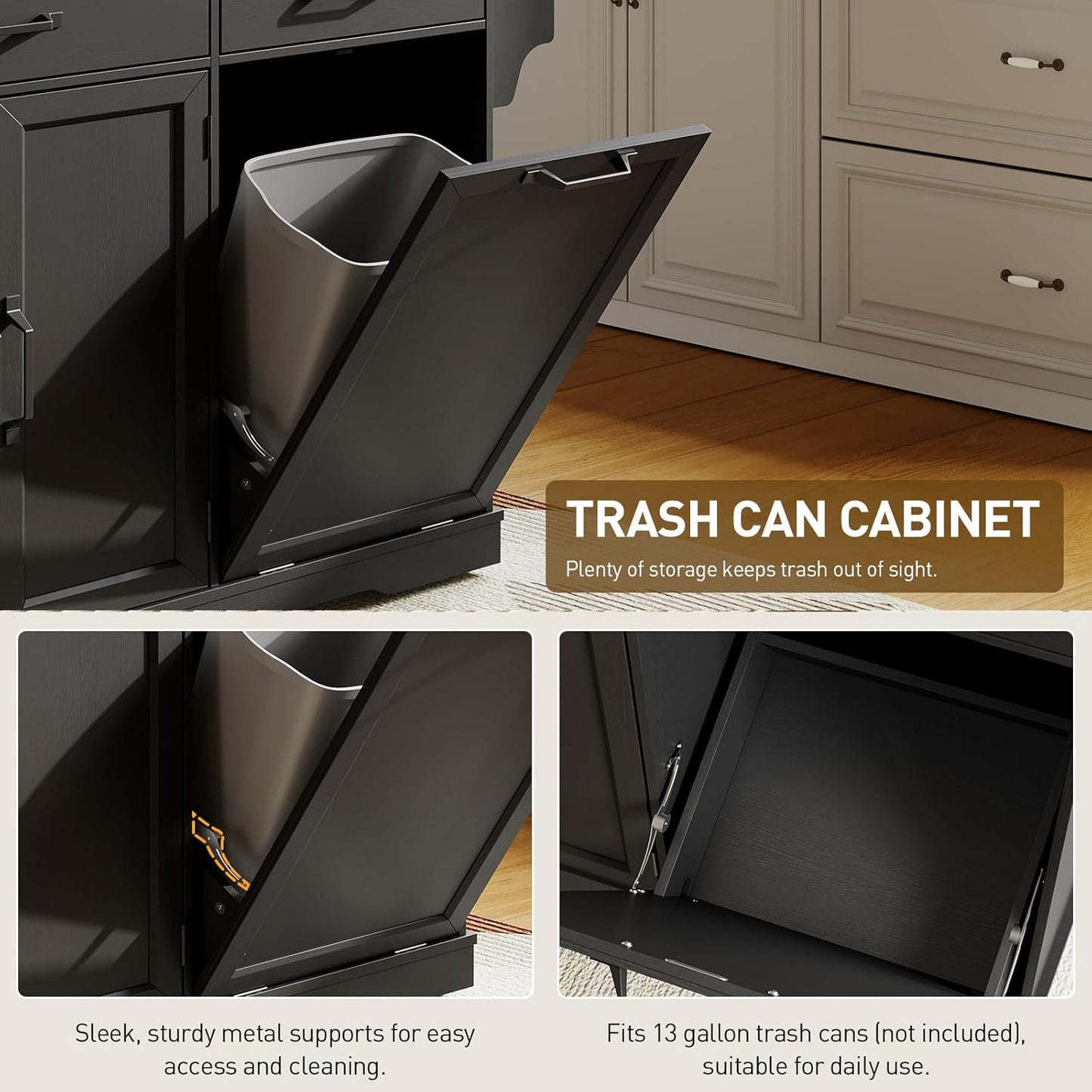 Kitchen Island with Power Outlet & Drop Leaf, Rolling Storage Cart with Trash Storage Cabinet, Farmhouse Mobile Island Table for Kitchen, Dining Room, Hidden Casters, Black and Rustic Brown