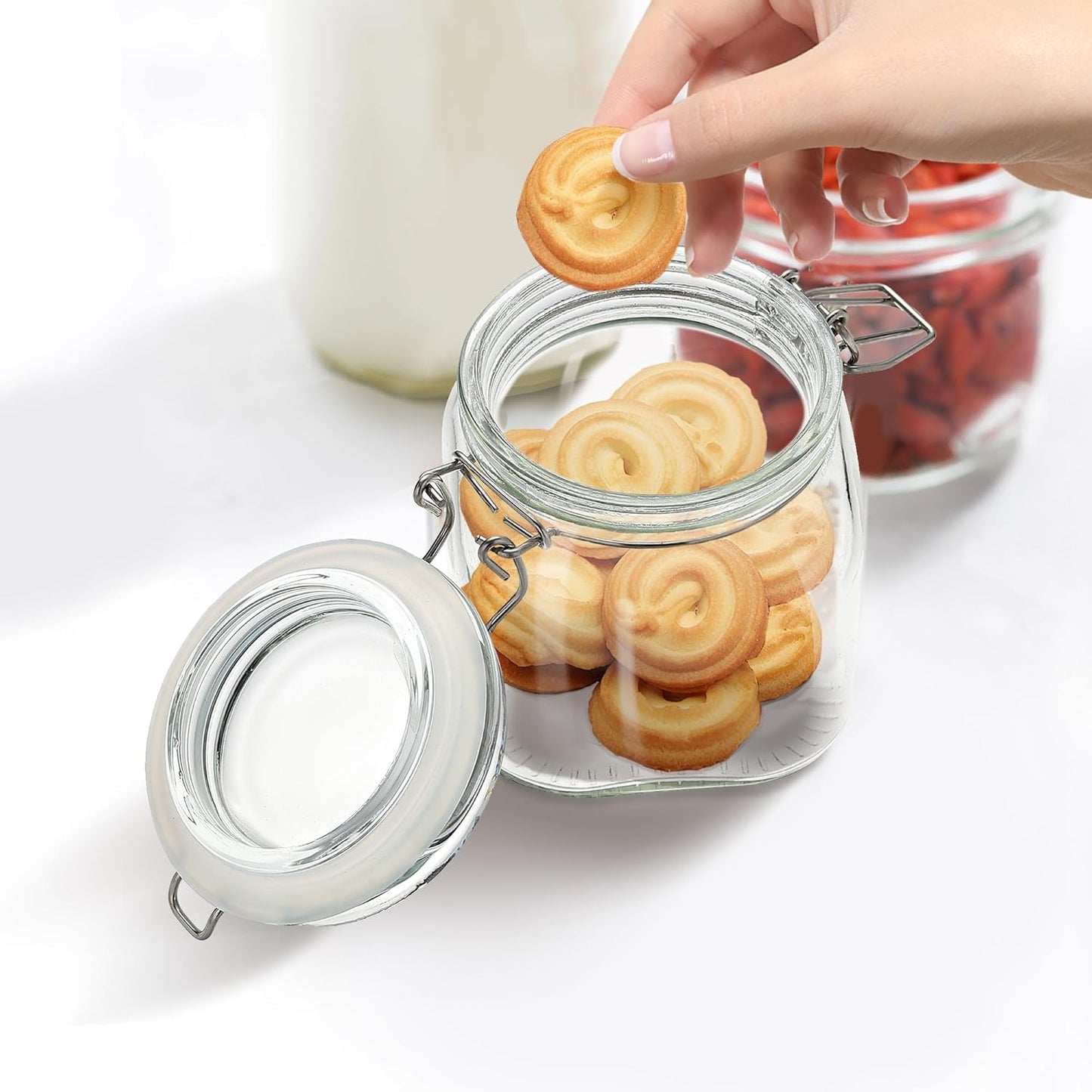 Glass Food Storage Jars with Airtight Lids 13 oz Square 4 Pack Kitchen Storage Containers Small Cabinet Canisters Sealed Pot Canning for Pasta, Cereal, Coffee, Beans, Spice