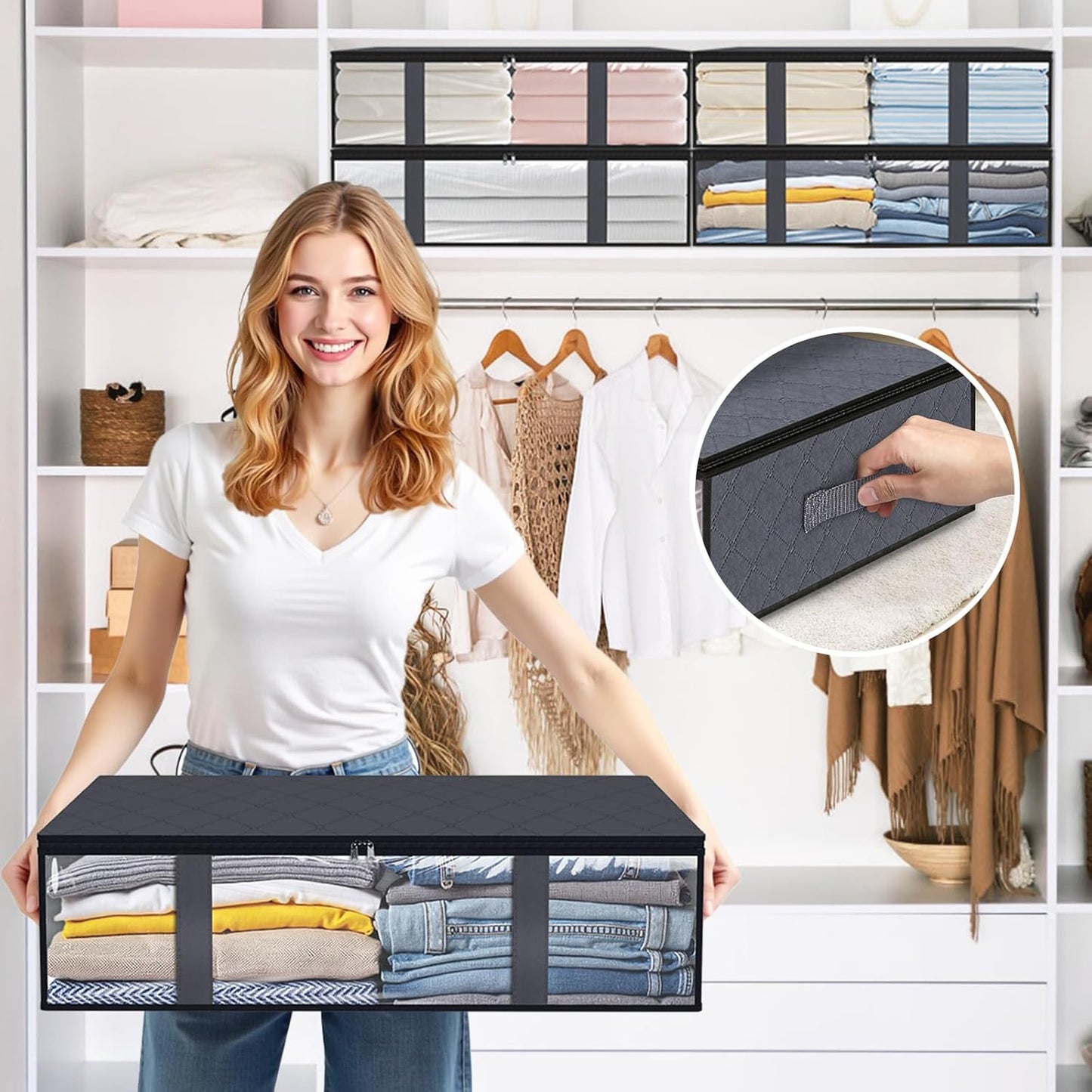 StorageRight Under Bed Storage Bins, 6-Pack 40L Foldable Fabric Storage Bags with Transparent Window, Breathable Organizer for Clothes/Blanket/Comforter/Quilt, Grey