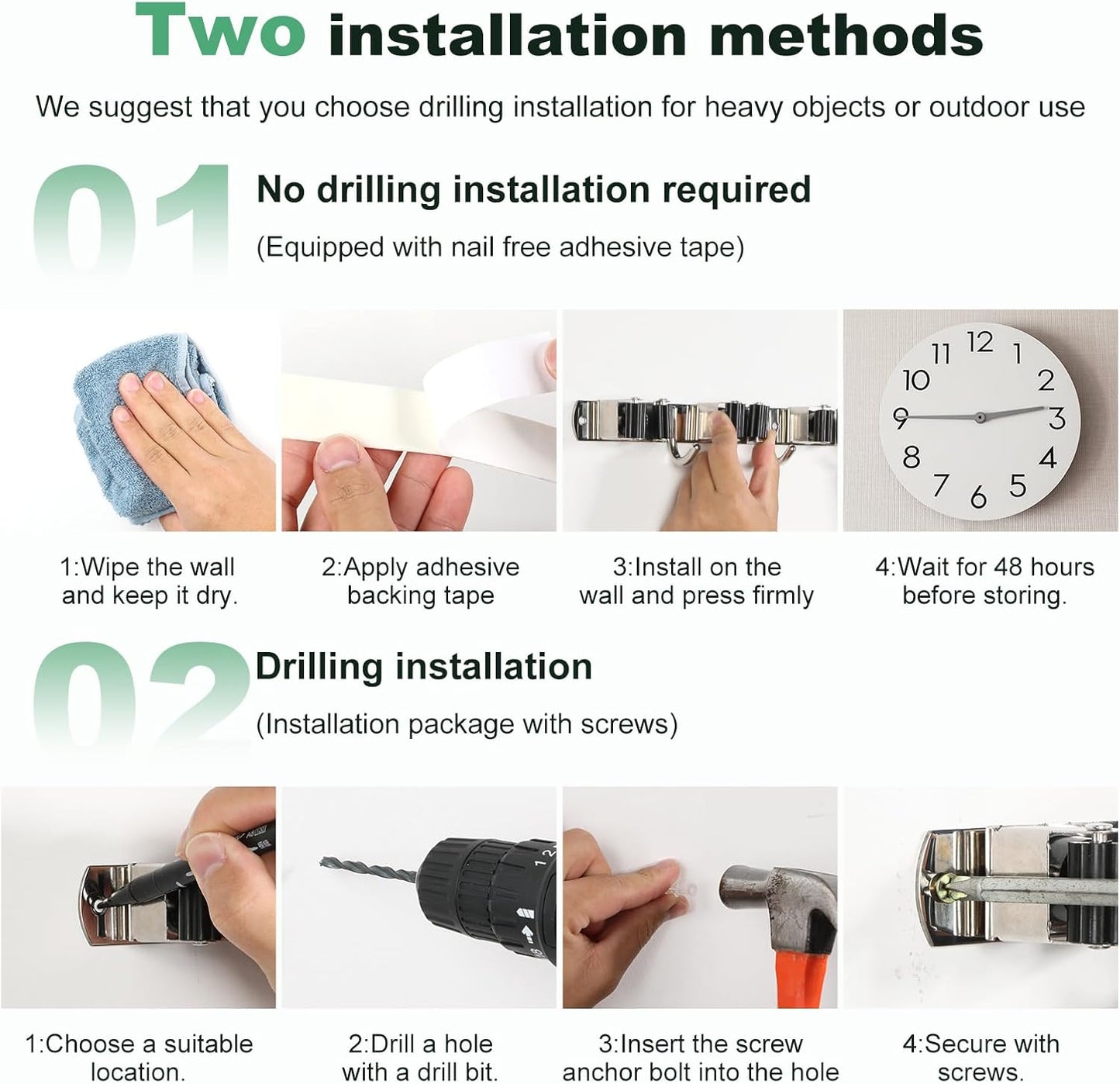 2Pcs 5 Racks 4 Hooks Stainless Steel Broom Mop Holder Anti Slip Wall Mount Broom Storage Rack Strong Load Bearing Waterproof Mop Broom Organizer for Bathroom Kitchen Garage